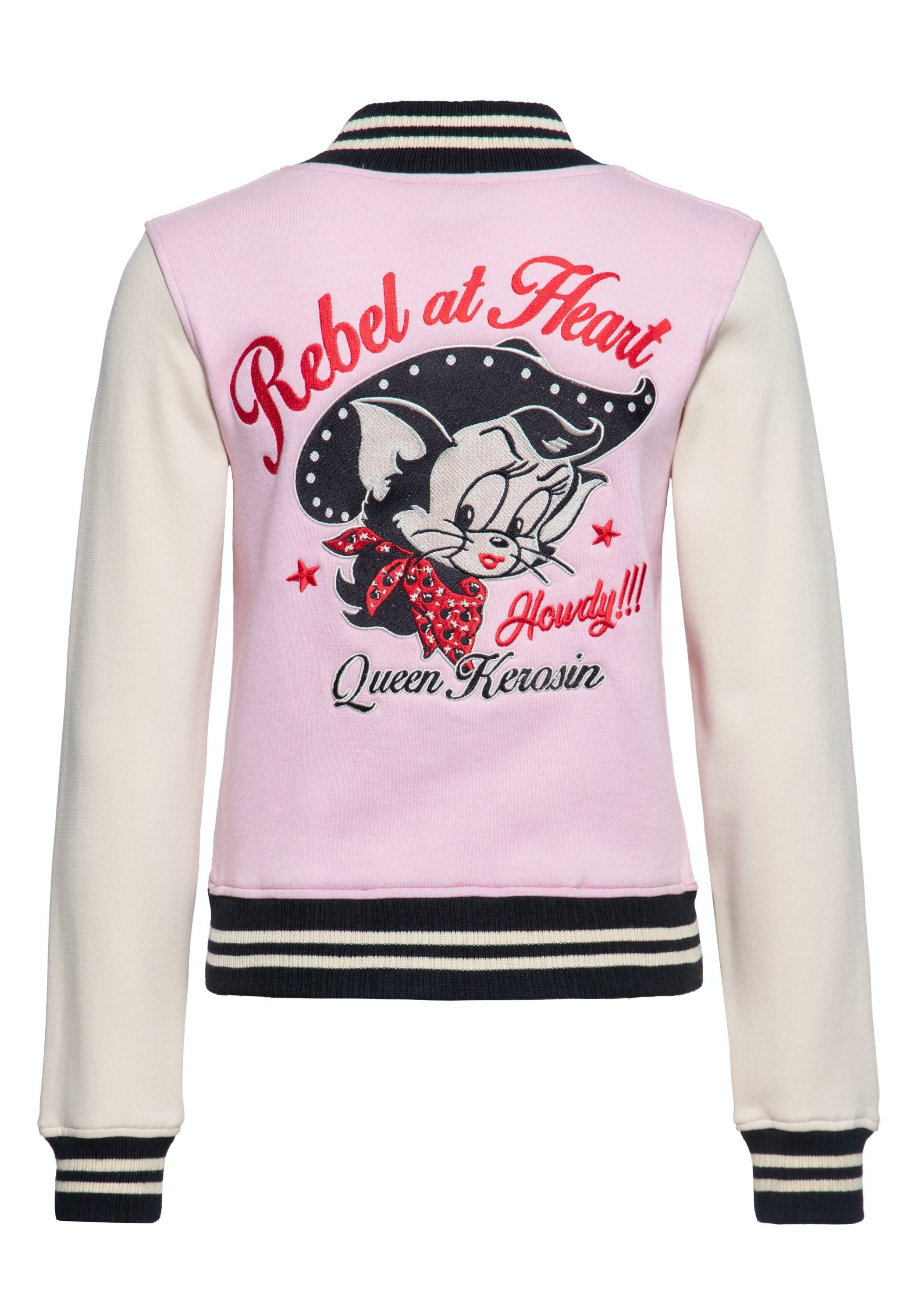 Collegejacke Design im pink Comic Stickerei QueenKerosin Rebel Mit Vintage hochwertiger Heart at