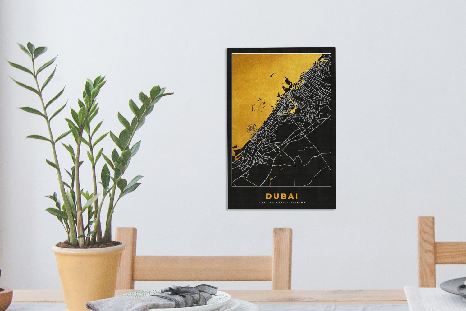 - Gold Karte, Gemälde, Zackenaufhänger, St), fertig - - Leinwandbild Dubai inkl. OneMillionCanvasses® bespannt 20x30 (1 cm Stadtplan Leinwandbild