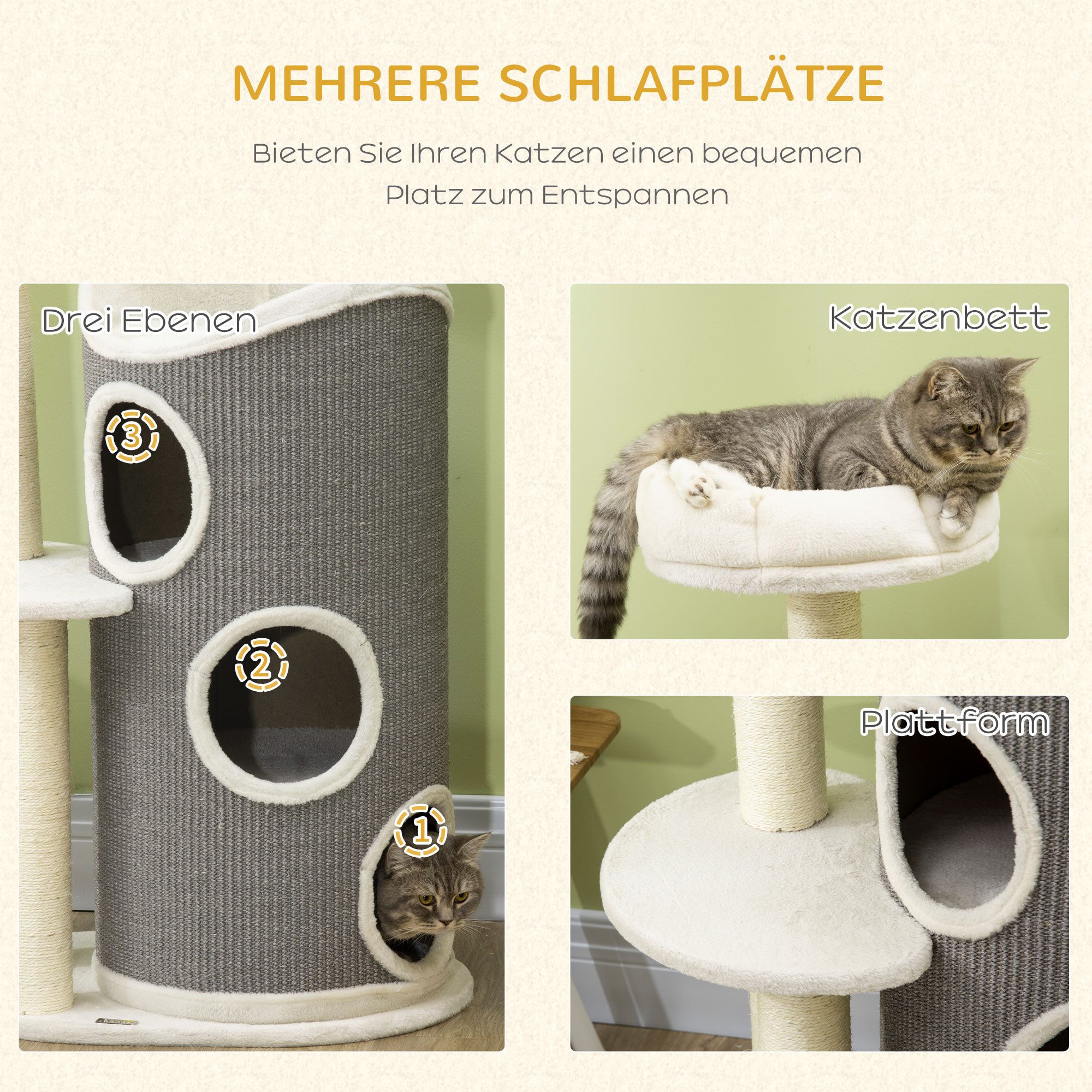 PawHut Kratzbaum Katzenturm mit Kratztonne, Katzenbett, Weiß+Grau, 60x44,5x109 cm – Bild 5 von 5