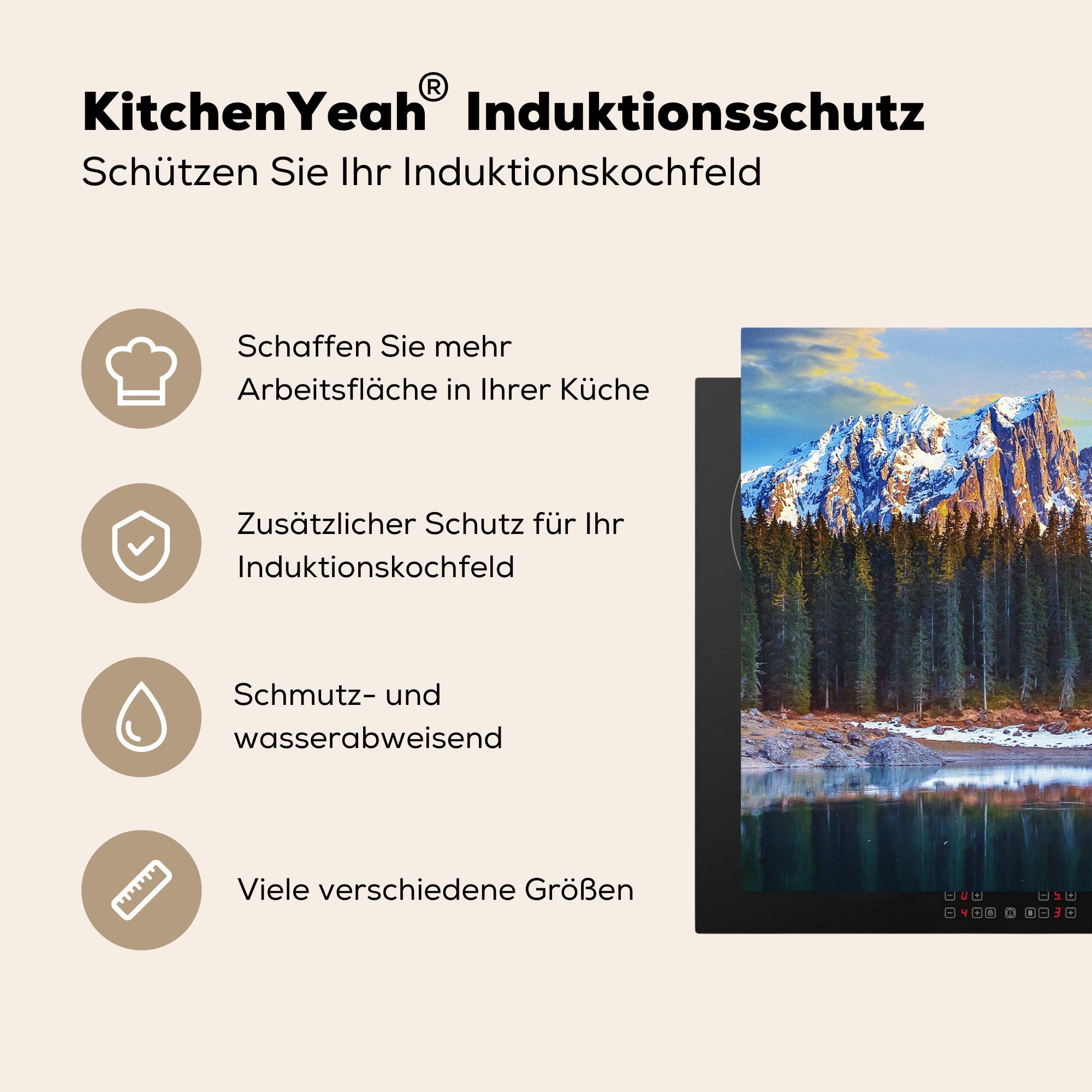 für Vinyl, - cm, küche, Herdblende-/Abdeckplatte Dolomiten (1 81x52 Induktionskochfeld die Italien, Ceranfeldabdeckung tlg), - Winter MuchoWow Schutz