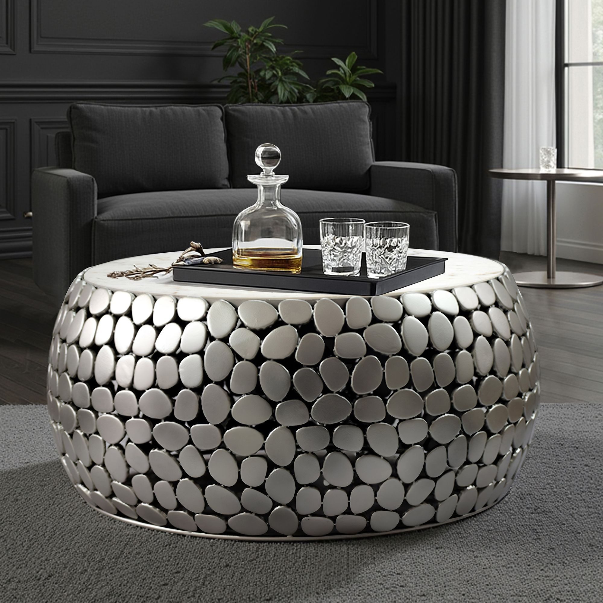 FINEBUY Couchtisch FB73730 Couchtisch rund Aluminium silber 66cm Marmor Wohnzimmertisch (Eleganter Blickfang für stilvolle Wohnräume), Hochwertige Materialien mit besonderer Form