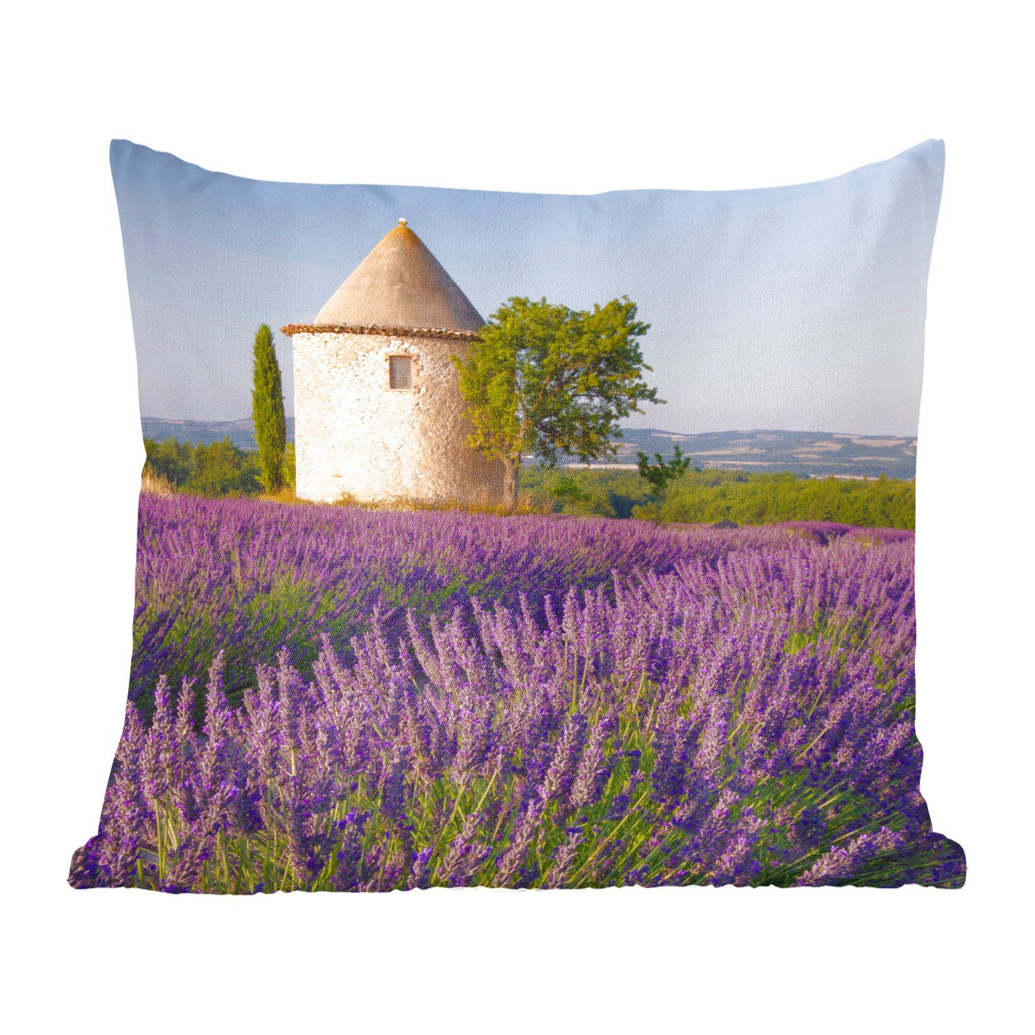 MuchoWow Dekokissen Runder Turm auf einem Lavendelfeld in Frankreich, Zierkissen mit Füllung für Wohzimmer, Schlafzimmer, Deko, Sofakissen