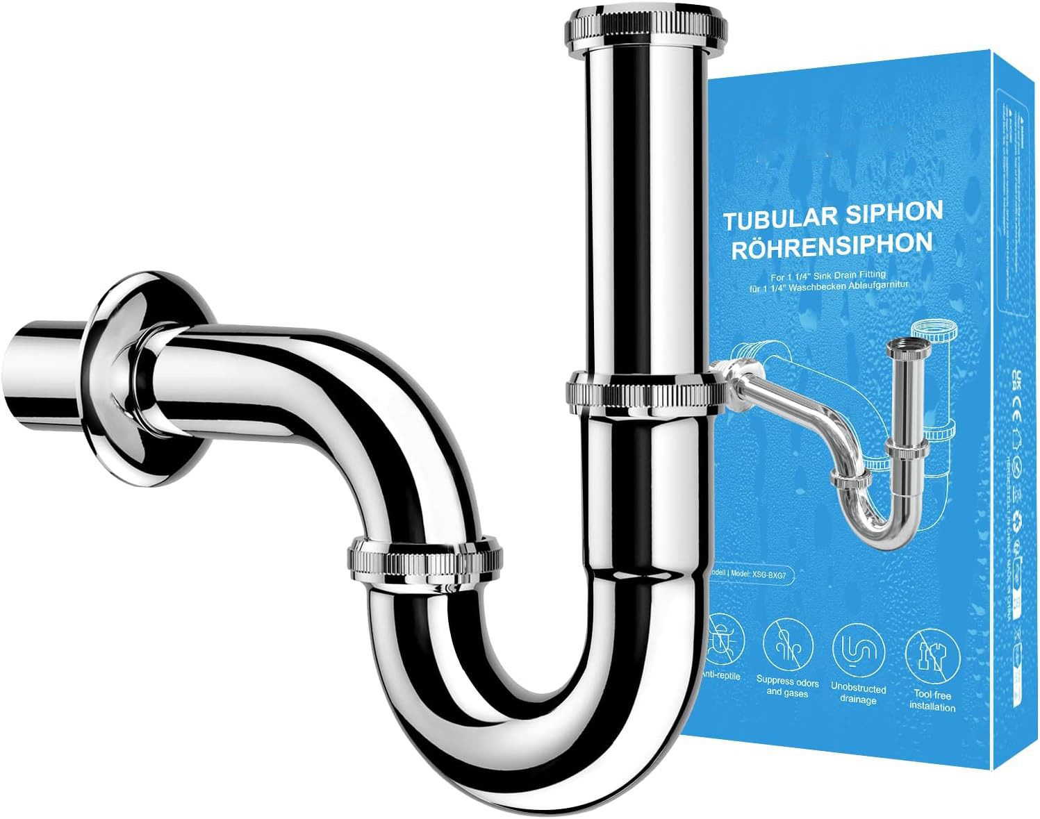 AIMAX Siphon Waschbecken Siphon G 1 1/4" aus Edelstahl, geruchs- & leckschutz, leicht montierbar
