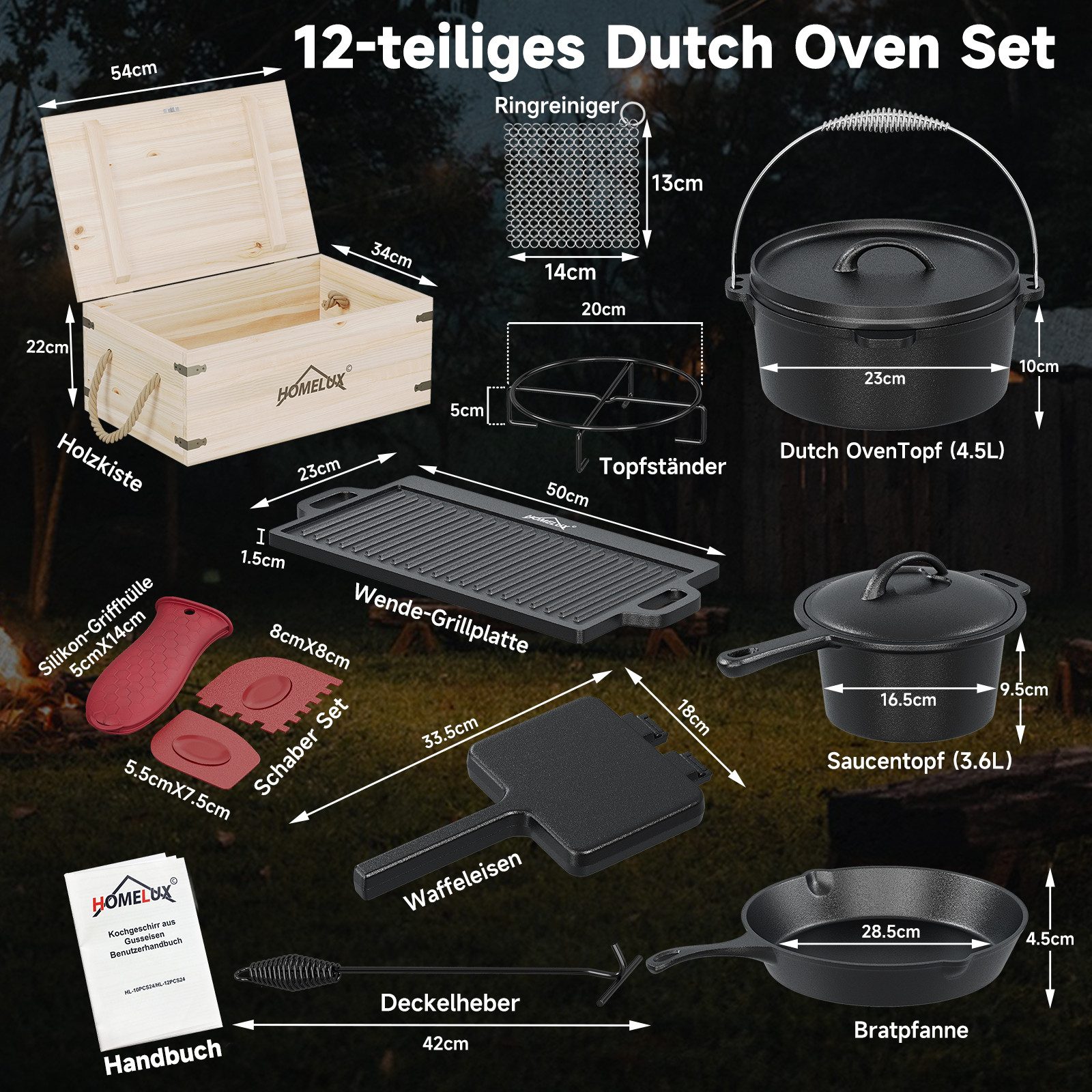HOMELUX Topf-Set 10/12-tlg. Dutch Oven Set in Holzkiste Kochtopf Grillplatte Stieltopf, Gusseisen (12-tlg., Silikon-Griffhülle, Stapelrost, Deckelheber, Reinigungsgeräte), Gusseisen, vorgebacken, Hitzebeständig bis 280 °C