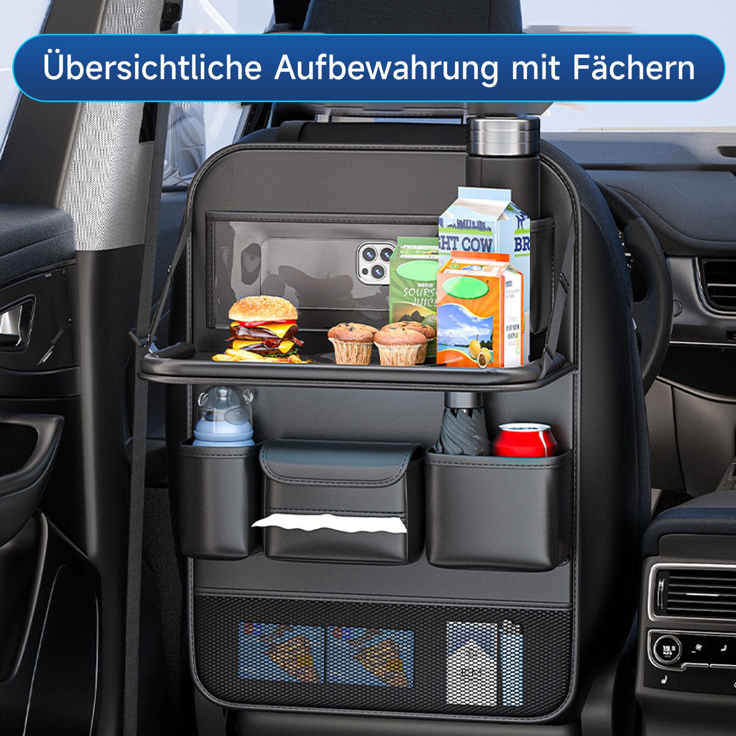 OSTWOLKE Auto-Rückenlehnentasche Auto Organizer Multifunktional Wasserdicht Rücksitz Organizer (1-tlg), mit Klapptisch, Tablet/Telefon Aufbewahrung und 8 Tasche – Bild 5 von 5