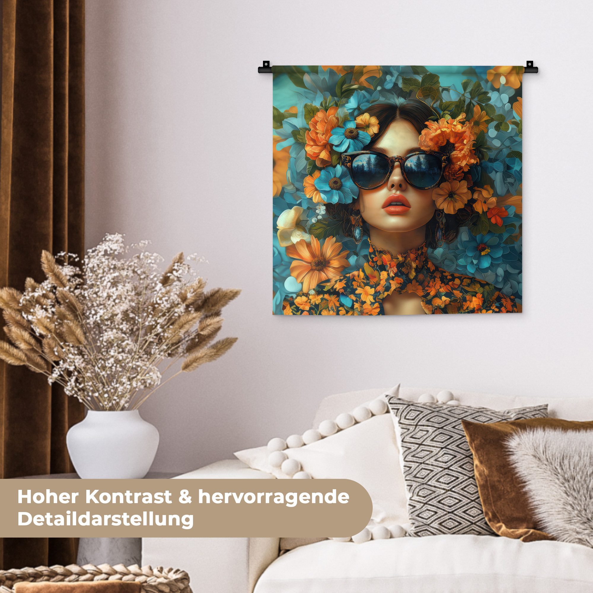 MuchoWow Wandteppich Frau - Blumen - Orange - Blau - Modern, Quadratisch, Höhe: 3 mm, Wand Teppich, Deko für an den Wand, 60x60 cm
