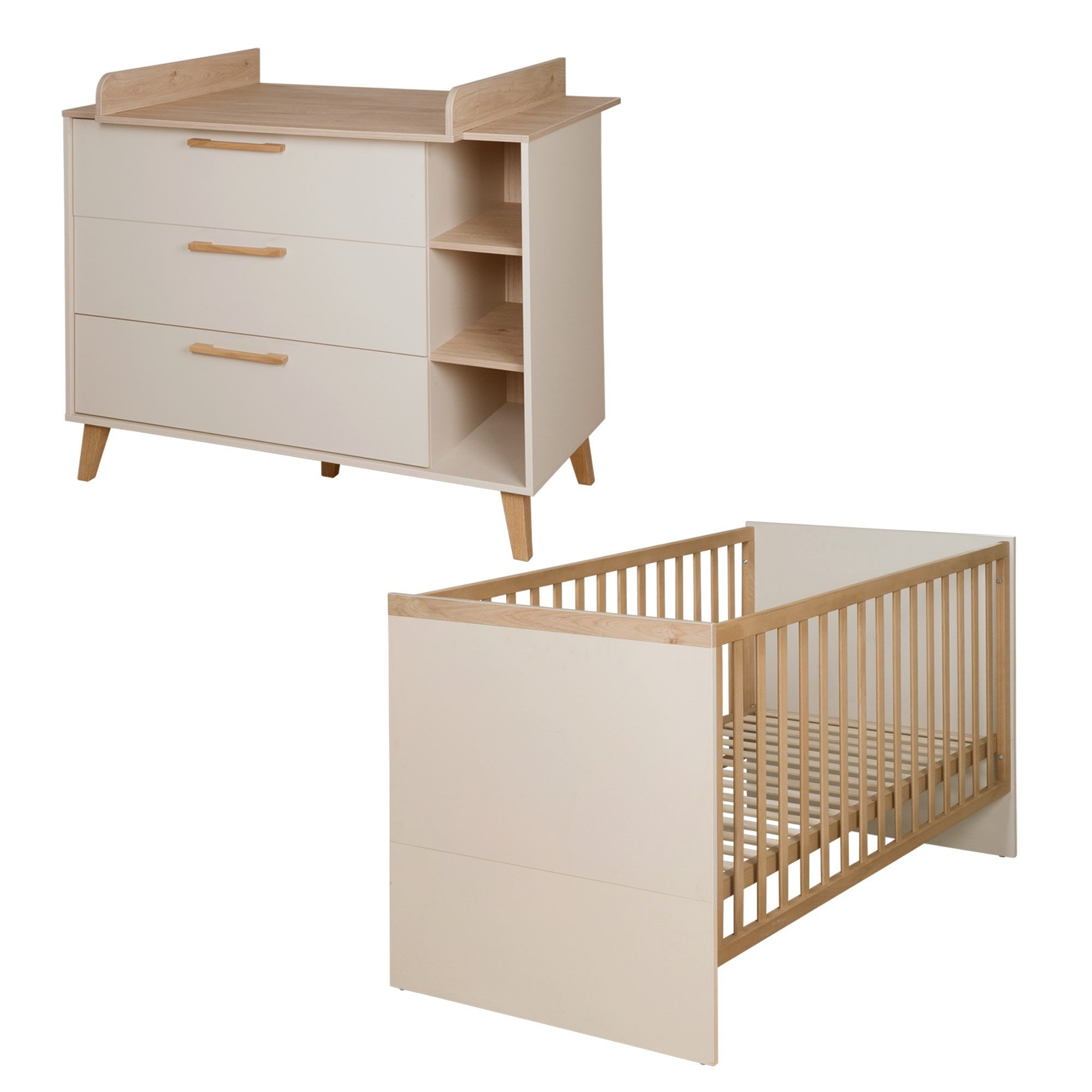 roba® Babymöbel-Set Jil - moderne Optik in Cashmere mit Dekor Chestnut, (2-teiliges Set), Wickelkommode mit abnehmbarem Wickelaufsatz - Griffe aus Massivholz