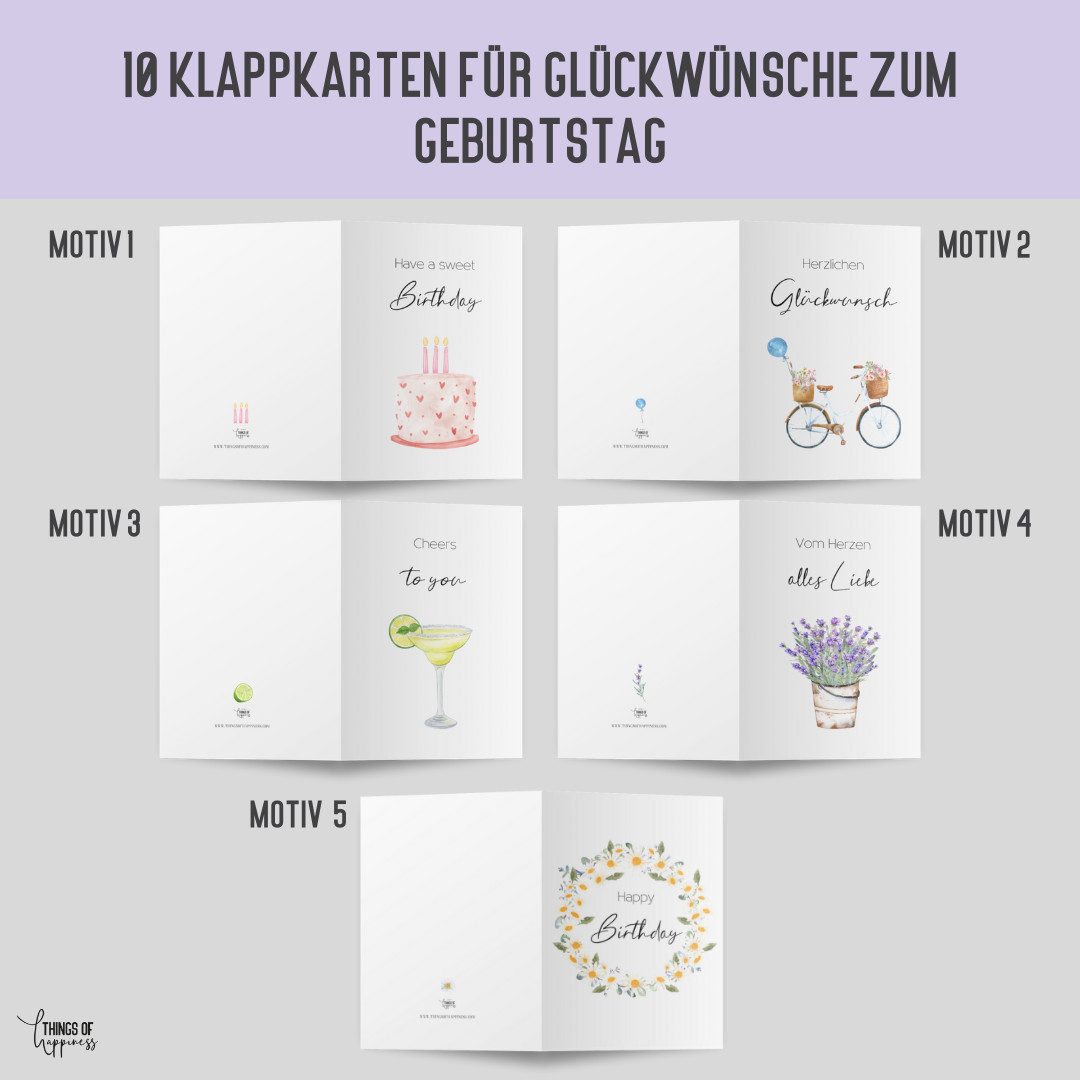 Things of Happiness Geburtskarte Set 10 Geburtstagskarten, Glückwunschkarten Geburtstag, inkl. 10 Briefumschläge