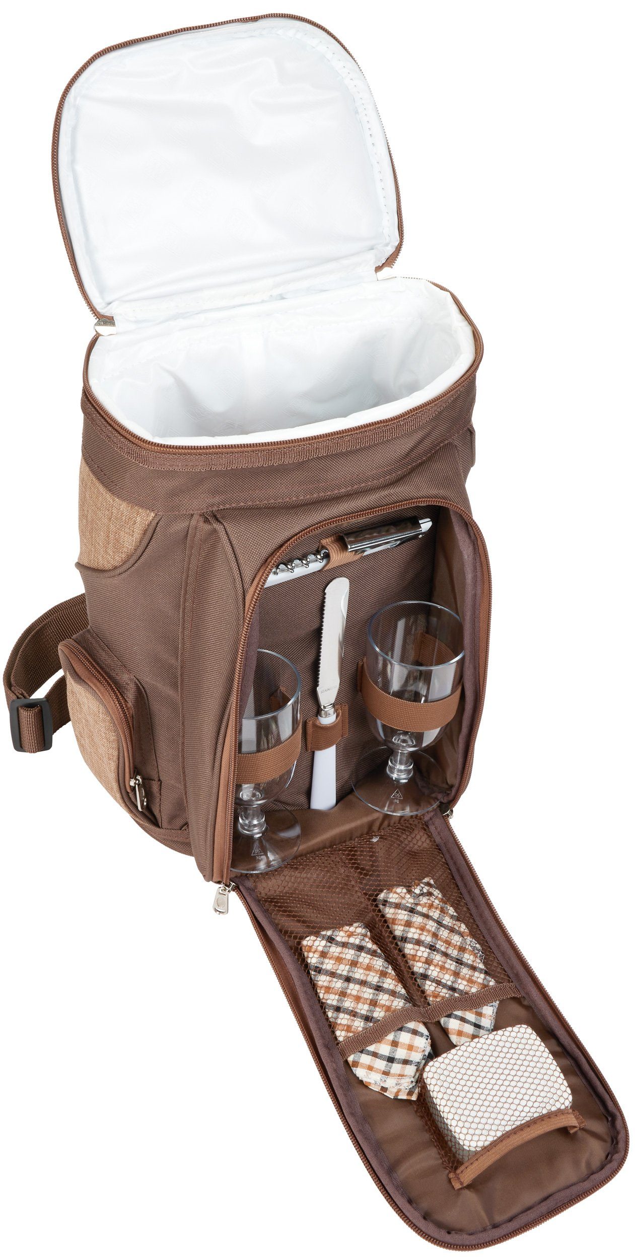 BRUBAKER Freizeitrucksack Picknicktasche mit Henkel (Picknick-Set, isolierender Thermorucksack), gepolsterte Kühltasche für 2 Flaschen Wein und Champagner