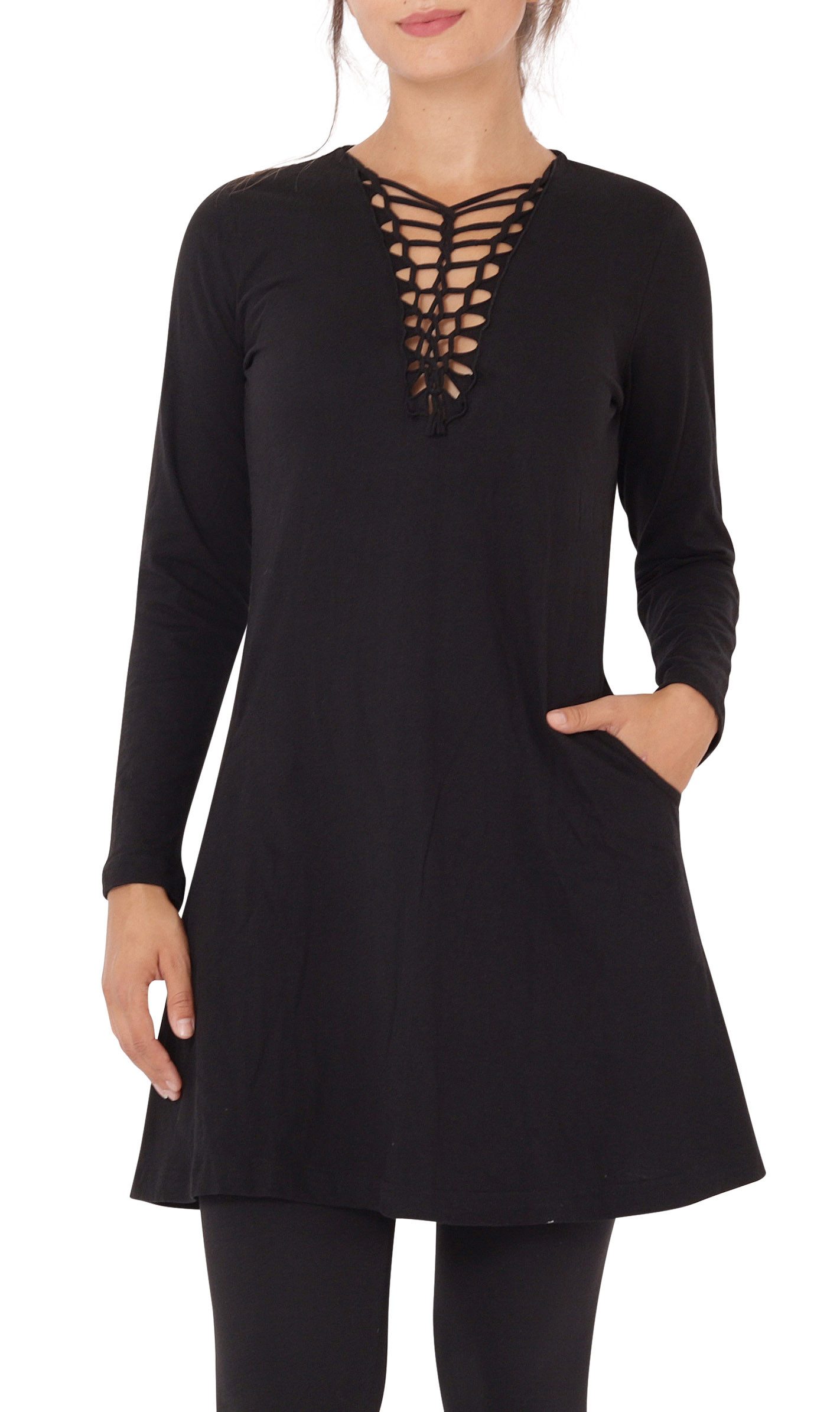 Shirtkleid Shirtkleid Langarm mit geflochtenem V-Ausschnitt dr9 Schwarz S
