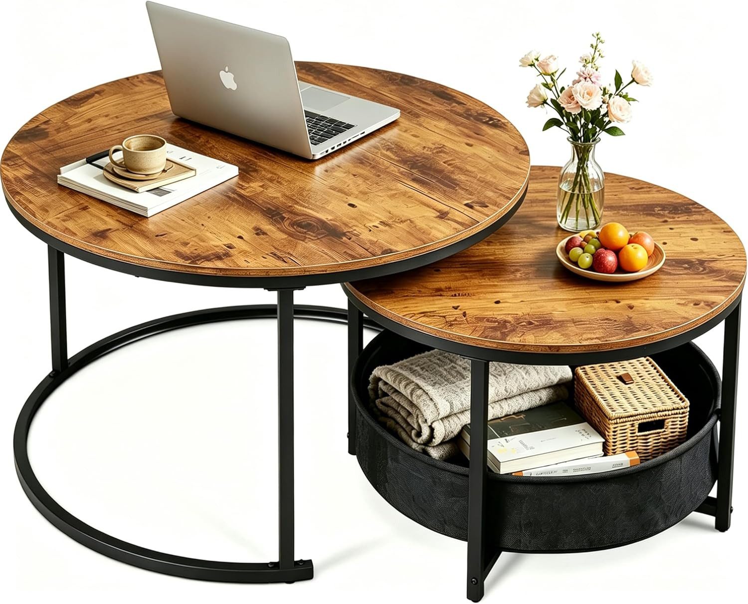 WLIVE Couchtisch Couchtisch 2er‑Satztisch rund mit Stauraum, (Beistelltisch mit Stoffkorb & Metallgestell, Holzoptik, 2er Set), 2 in 1 Verschachtelung