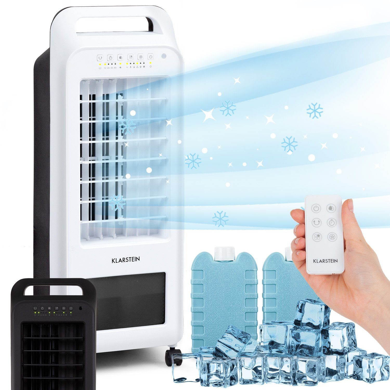 Klarstein Ventilatorkombigerät Cooler Rush Luftkühler, mit Wasserkühlung & Eis mobil Klimagerät ohne Abluftschlauch Weiß | Standventilatoren