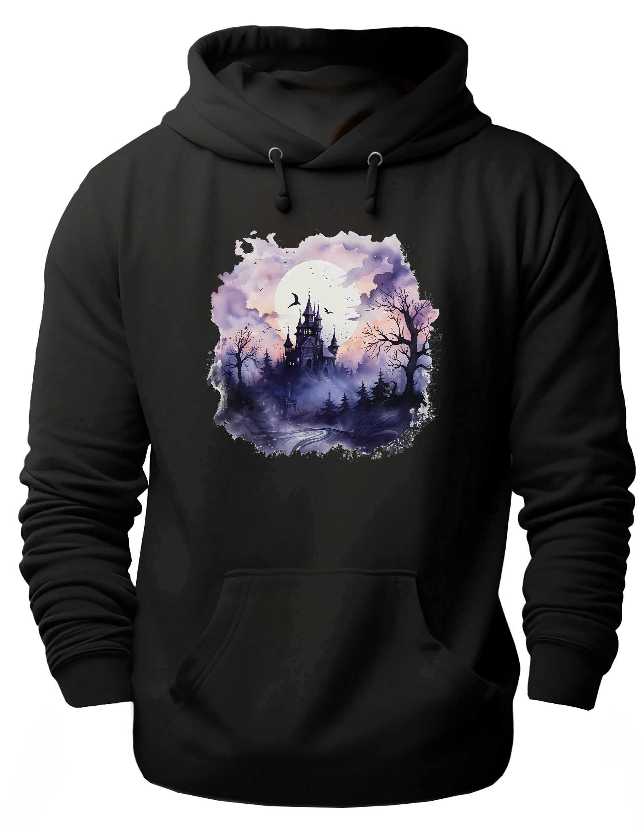 MyDesign24 Hoodie Halloween Kapuzen Pullover - Mystisches Schloss Herren und Damen Kapuzensweater - Halloween Hoodie i409