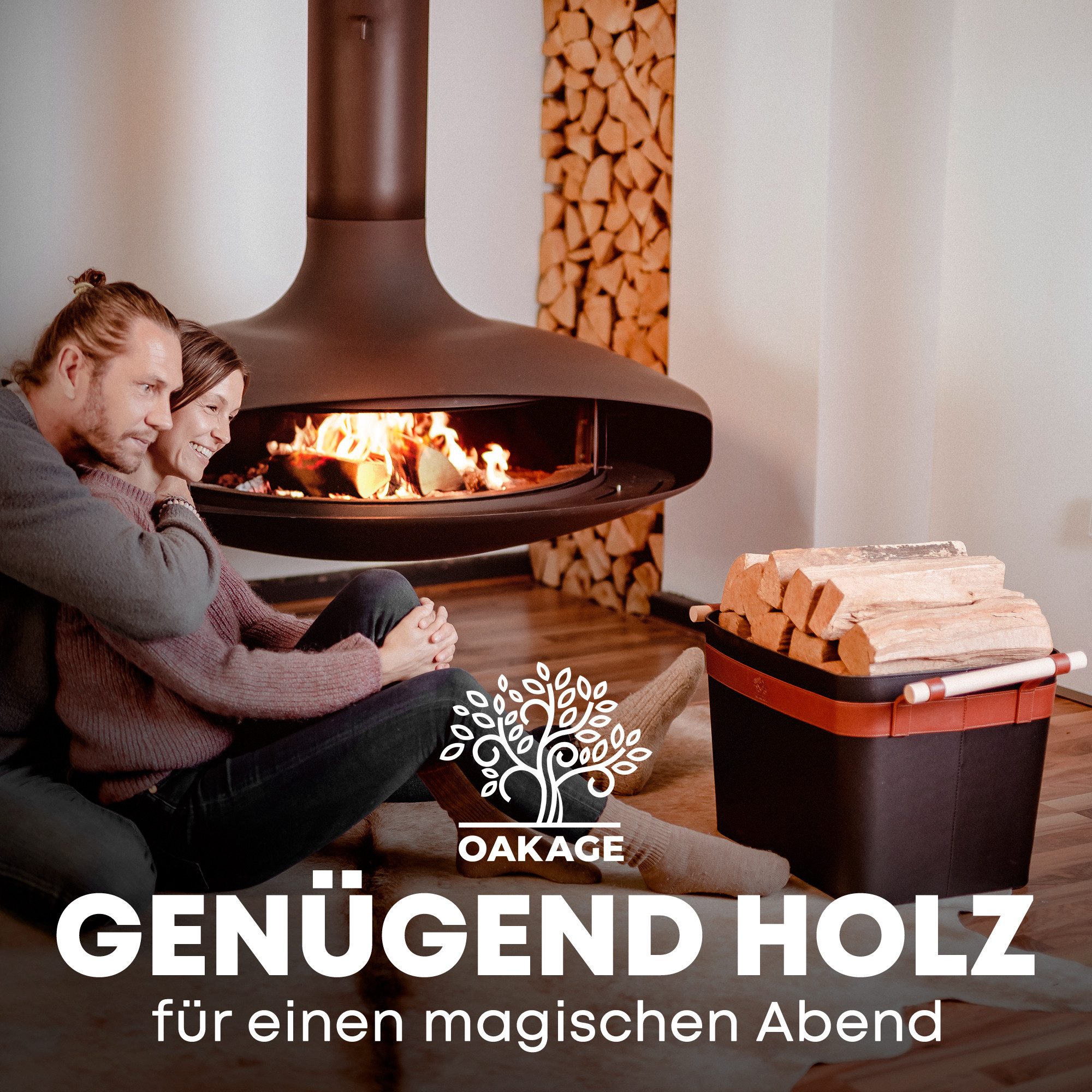 OAKAGE Kaminholzkorb Holzkorb für Kaminholz Groß aus veganem Leder Feuerholzkorb (Set, 1 x Holzkorb + 1 x Zündholzkorb)