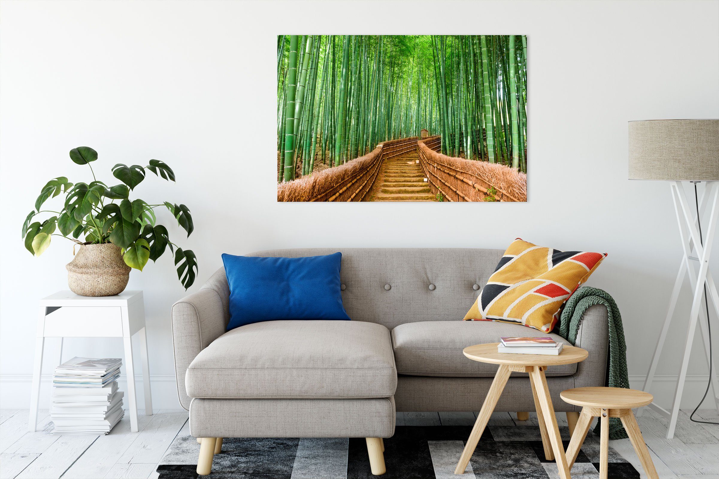 Zackenaufhänger inkl. Japan Kyoto Bambuswald, St), Bambuswald fertig (1 Japan Kyoto bespannt, Pixxprint Leinwandbild Leinwandbild