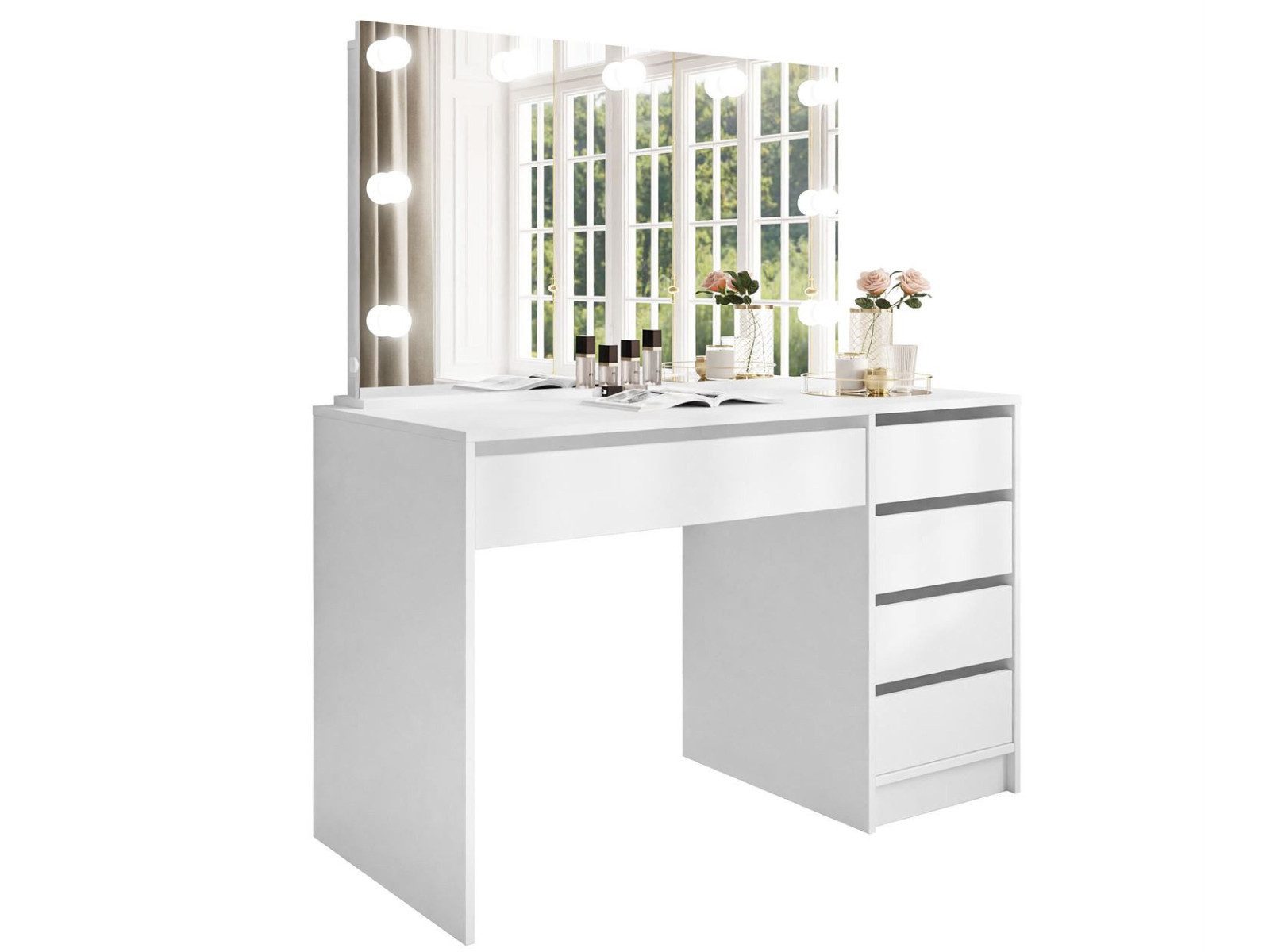 yourhouse24 Schminktisch MADI ELITE Frisiertisch Kommode mit LED-Beleuchtung Spiegel, Schublade (Tisch mit Spiegel, ohne Hocker), Hochglanz/matt, pflegeleicht, ABS-Kanten