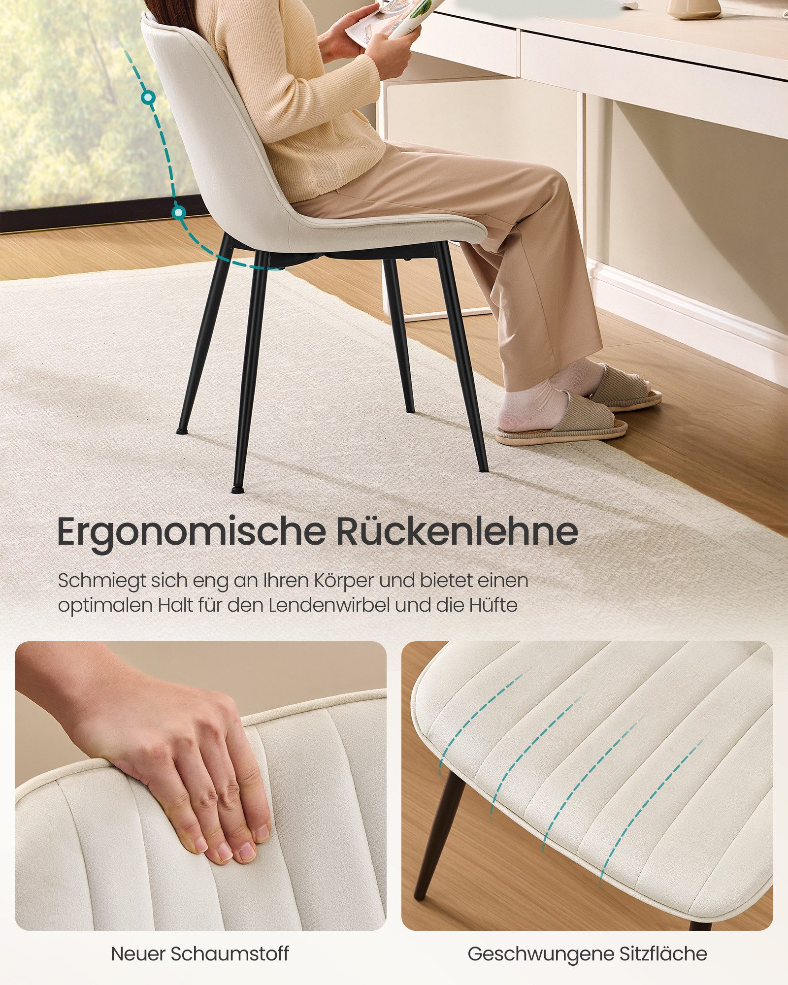 SONGMICS Esszimmerstuhl Küchenstuhl aus Samt, Polsterstuhl mit Armlehnen, Loungesessel (4 St), bis 120 kg belastbar, für Esszimmer, Küche, Stahlbeine, Polsterst – Bild 5 von 5