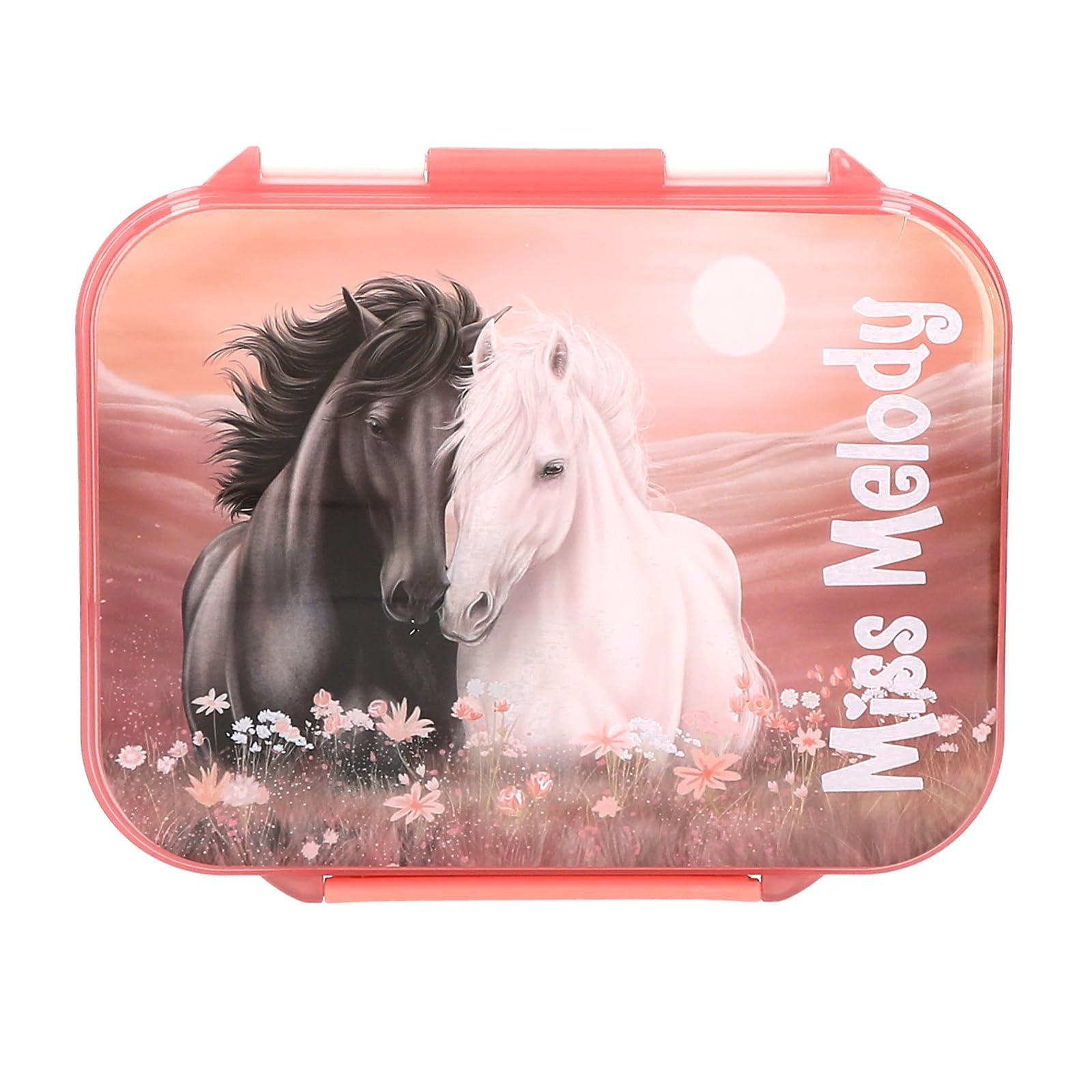 Depesche Federmäppchen Brotdose Hellrosa mit Pferde Motiv, 3 Fächer, Klappdeckel, Lunchbox für Kinder, ideal für Schule und Ausflüge