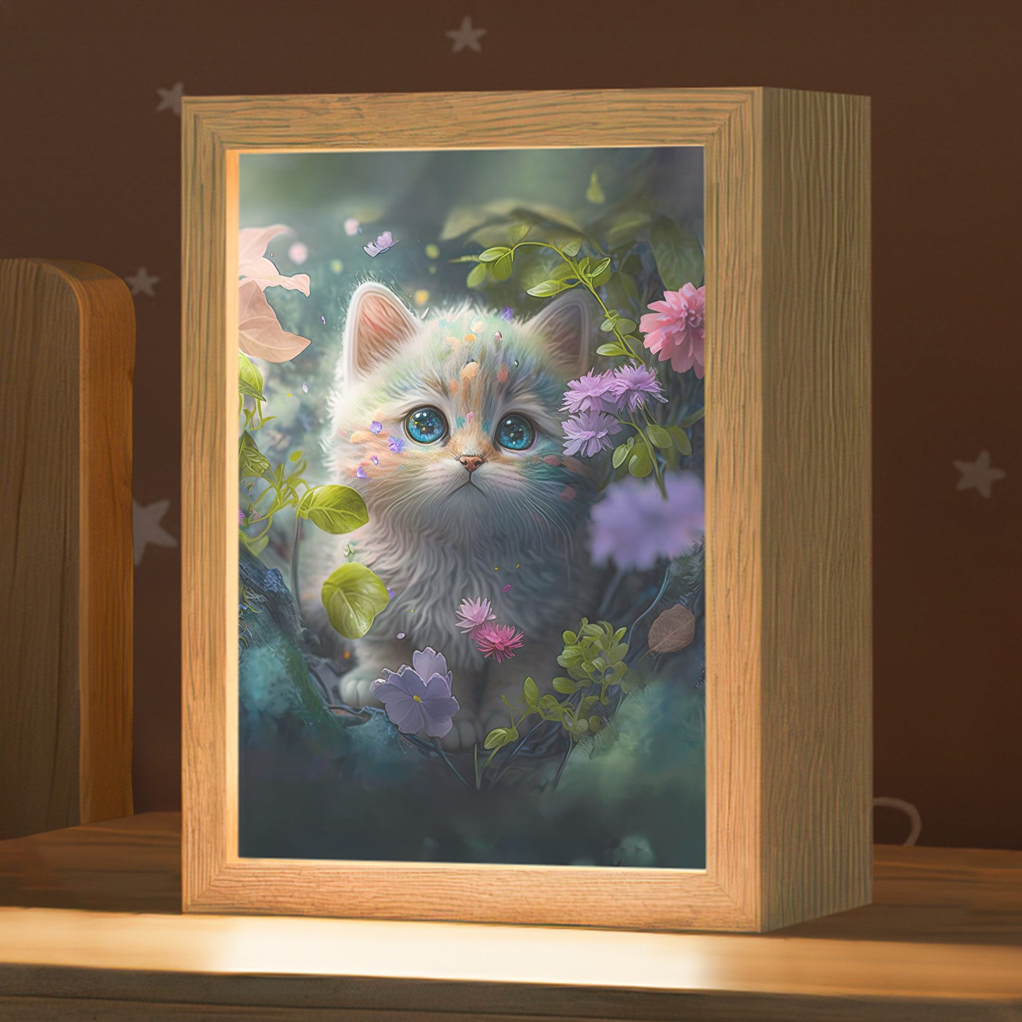 OnlyWow Nachttischlampe Lightbox Kätzchen - Blumen - Wald - Illustration - Katze - Mädchen, Dimmbar, Farbwechsel, LED, Warmweiß, Kaltweiß, Neutralweiß Einstellbar, Kinderzimmer, Babyzimmer, Dimmbar, mit Kabel, Nachtlampe, LED