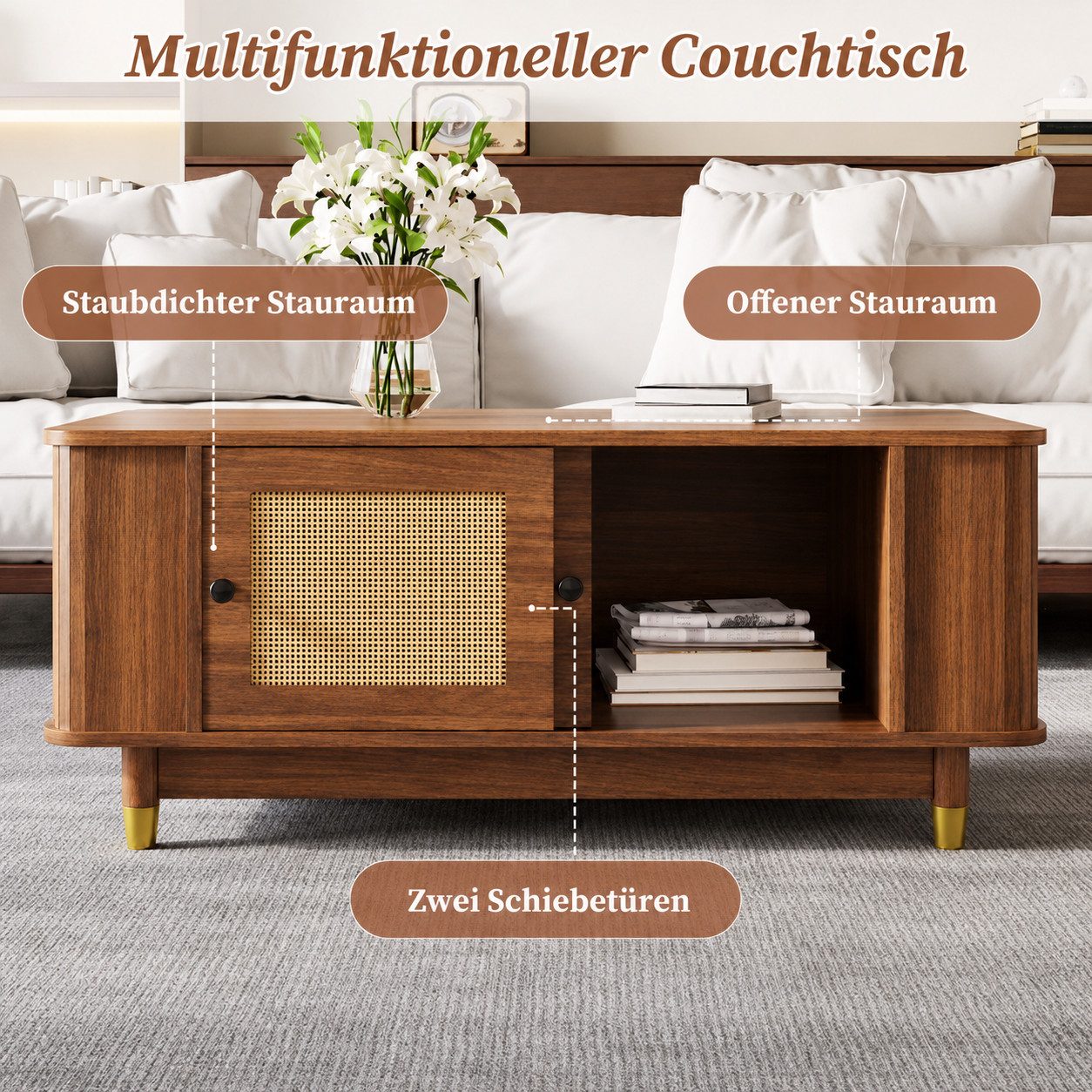 ANYSUN Couchtisch Rattan Couchtisch mit Schiebetüren, Stauraum & Wohnzimmertisch (1 Couchtisch), 00 × 50 × 42 cm, Holzoptik, MDF, moderner Sofatisch fürs Wohnzimmer
