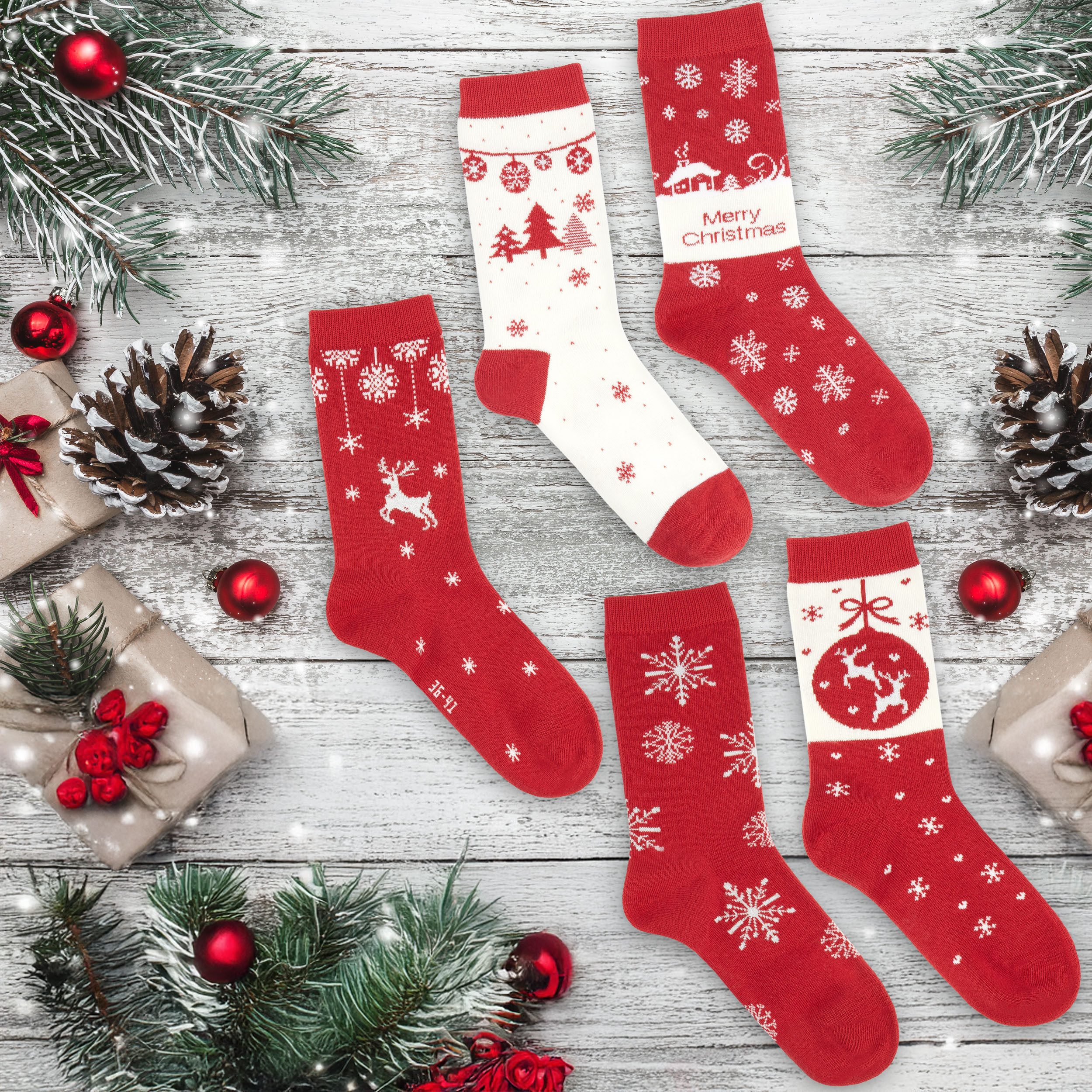 BRUBAKER Socken Weihnachtssocken mit Norweger Muster - Winter Socken aus Baumwolle (Größe 36-41, 5-Paar, Geschenk Set für Frauen & Mädchen) Damen Sockenset für Weihnachten und Nikolaus Rot & Weiß