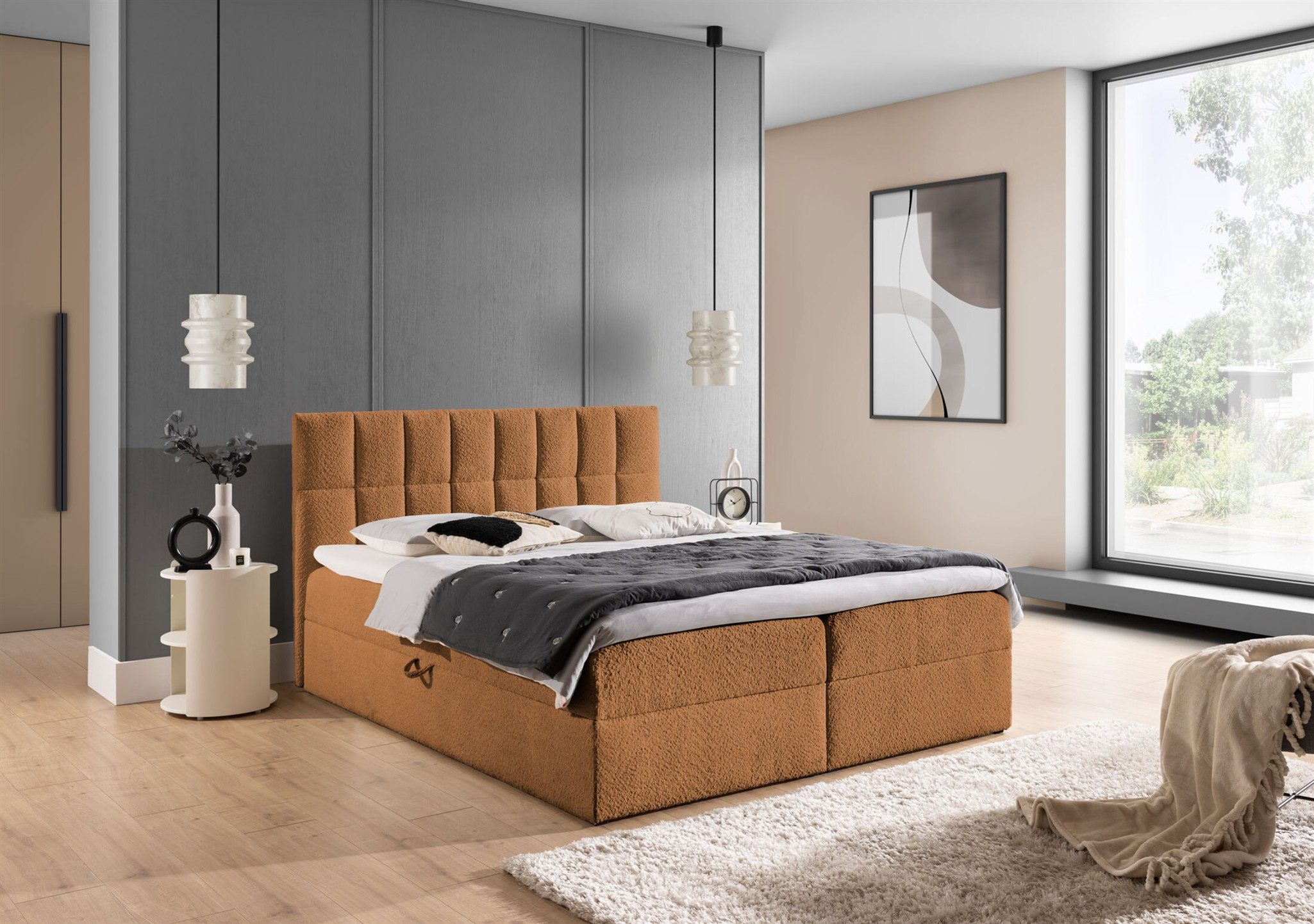 Fun Möbel Boxbett Schlafzimmerbett DOMINGA PREMIUM Überlänge Stoff Coral (i günstig online kaufen