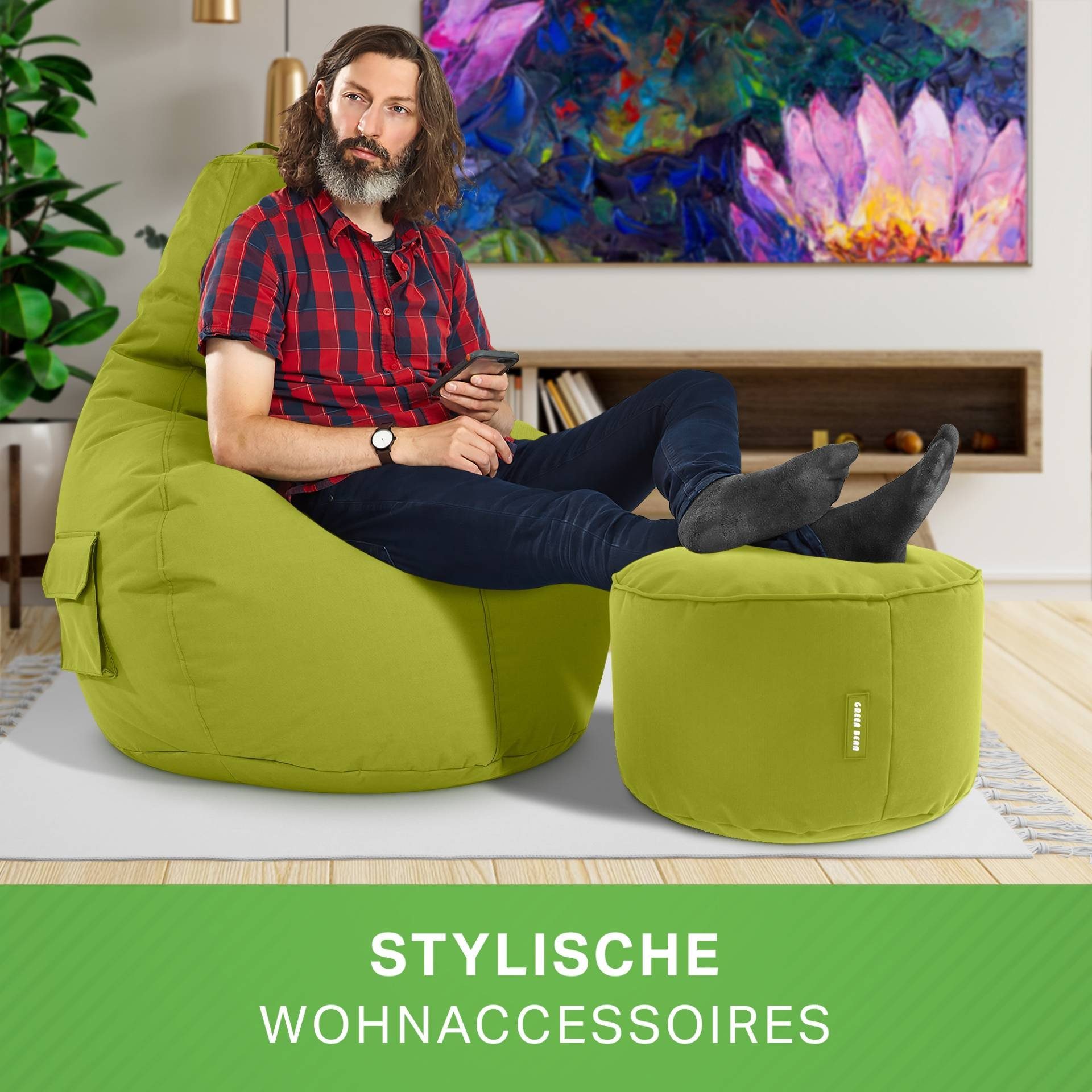 Green Bean Gaming Chair Sitzkissen, Set Cozy Sitzsack + Grün Sitzhocker, Stay, Relax-Sessel mit