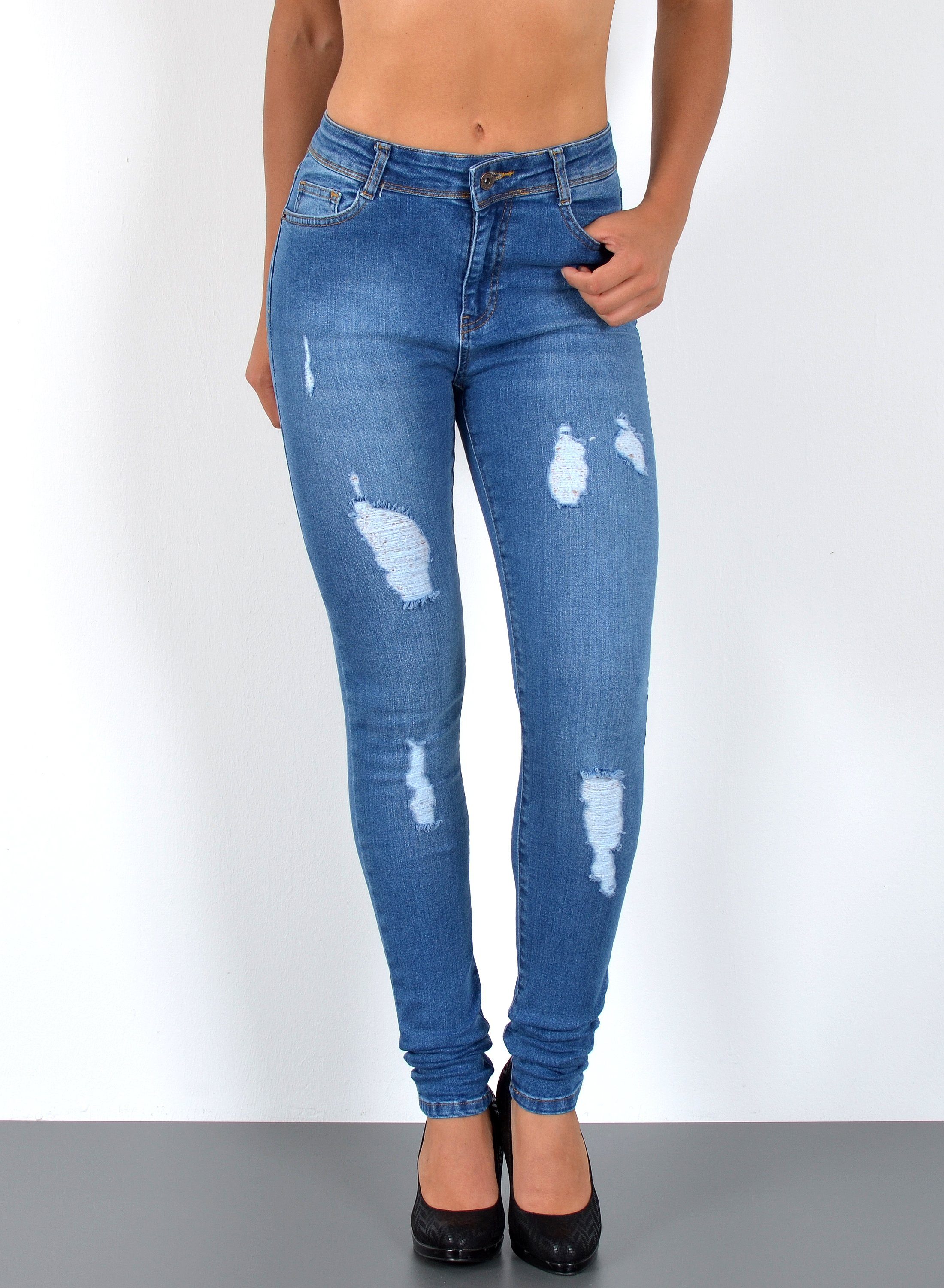ESRA Skinny-fit-Jeans Damen Jeans Skinny Hose High Waist Jeanshose Damen Skinny Jeans Hose Stretch Destroyed Jeans-Hose bis Übergröße