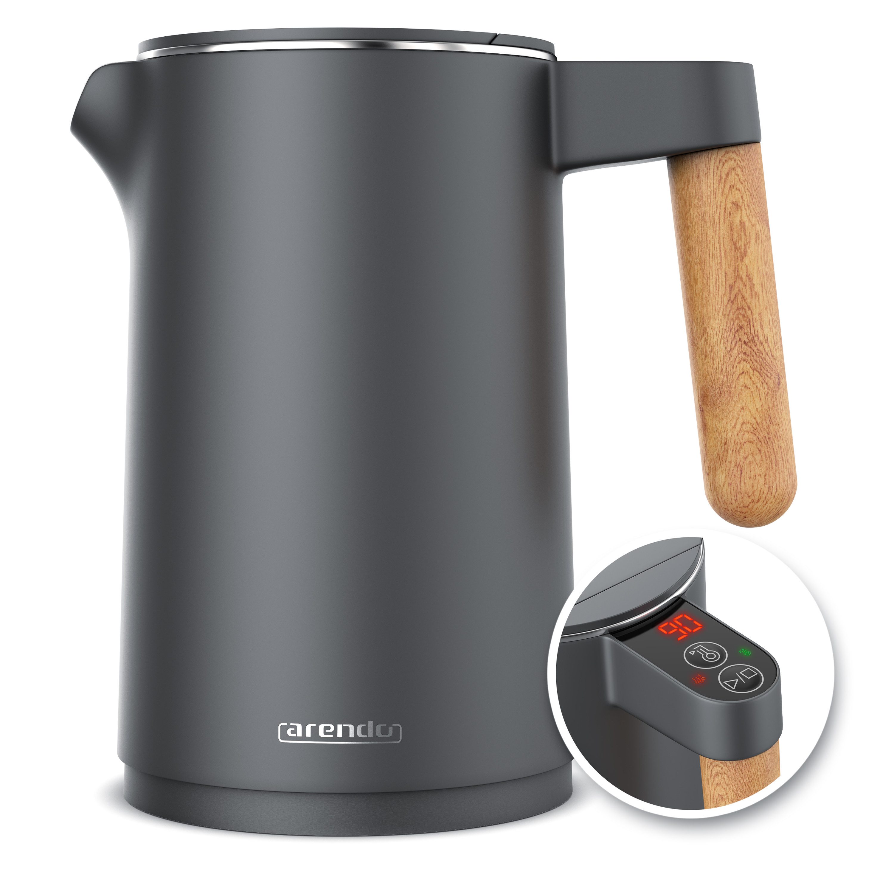 Arendo Wasserkocher Edelstahl, Temperatureinstellung 40° - 100 °C mit Anzeige, Doppelwand, 1,5 l, 2200 W, Warmhaltefunktion, 360° Basis, mit Griff in Holzoptik, BPA-frei