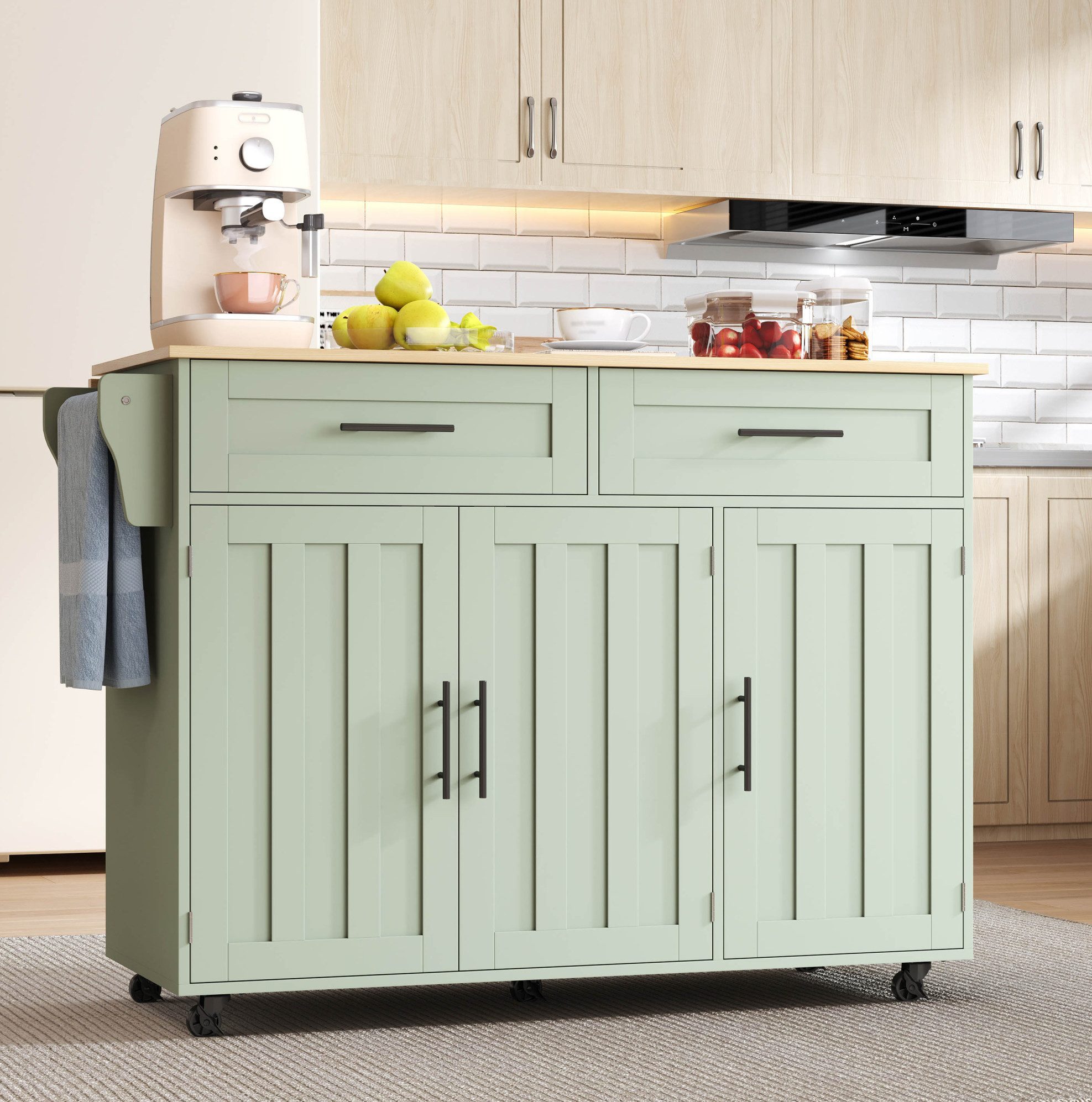 REDOM Küchenwagen mit Holzarbeitsplatte, (Kühlschranktür-Stauraumdesign, 5 Rollen oder Standfüßen sowie klappbarer Erweiterungsplatte für mehr Arbeitsfläche, 1 St., L 129x W 71x H 91.5cm), mit Rollen, 120x46(70)x91.5 cm