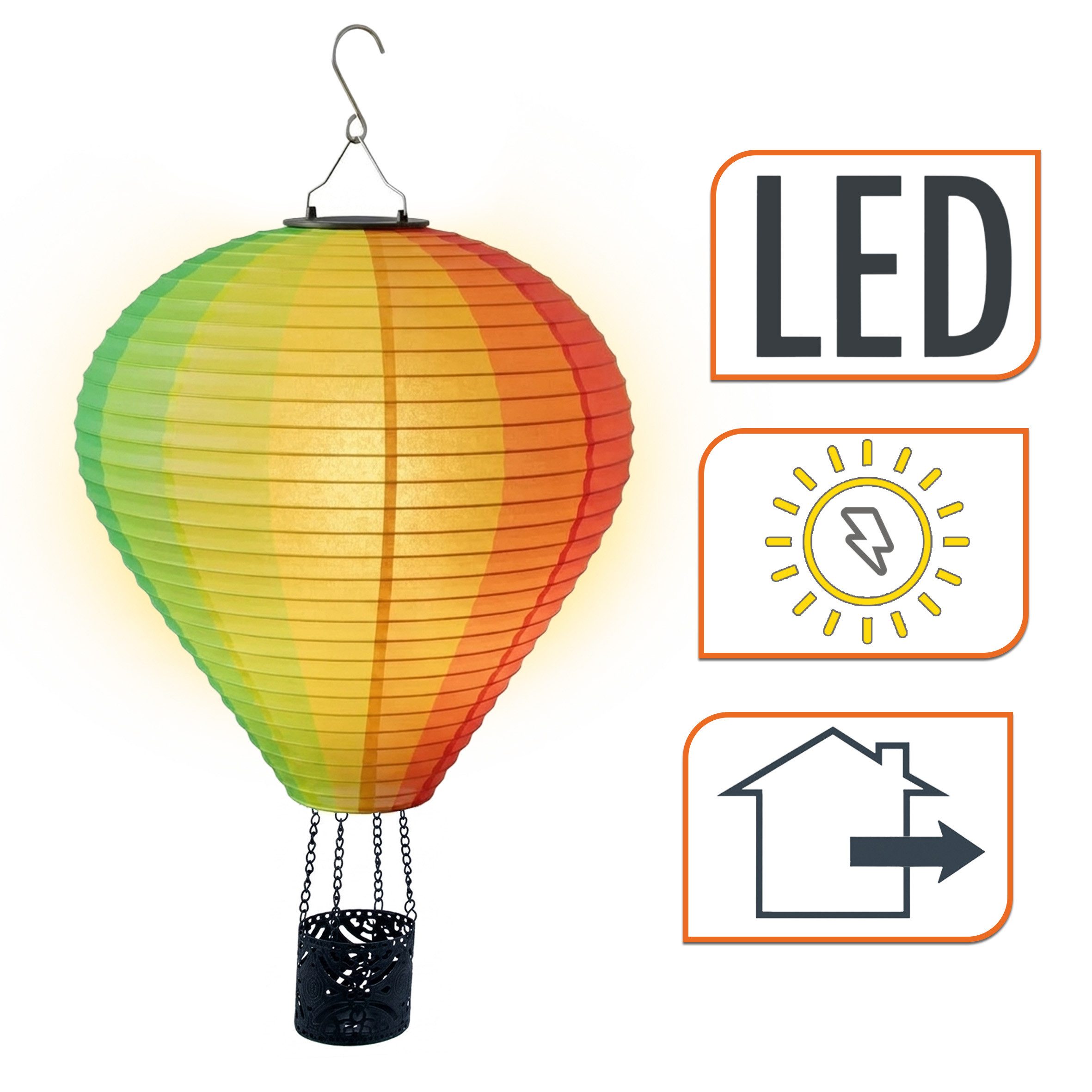 Spetebo LED Dekofigur Solar Heißluftballon aus Nylon bunt zum Hängen, Einschalten bei Dämmerung, LED fest integriert, orange (feuerfarben), mit Flammen Effekt – Bild 3 von 5