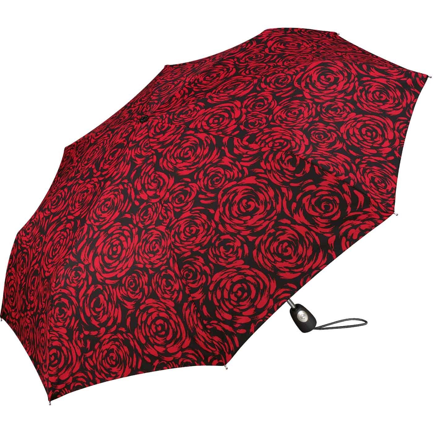 Pierre Cardin Taschenregenschirm schöner Rosenblütenmalerei wunderschöner mit Auf-Zu-Automatik, rot mit Damen-Regenschirm