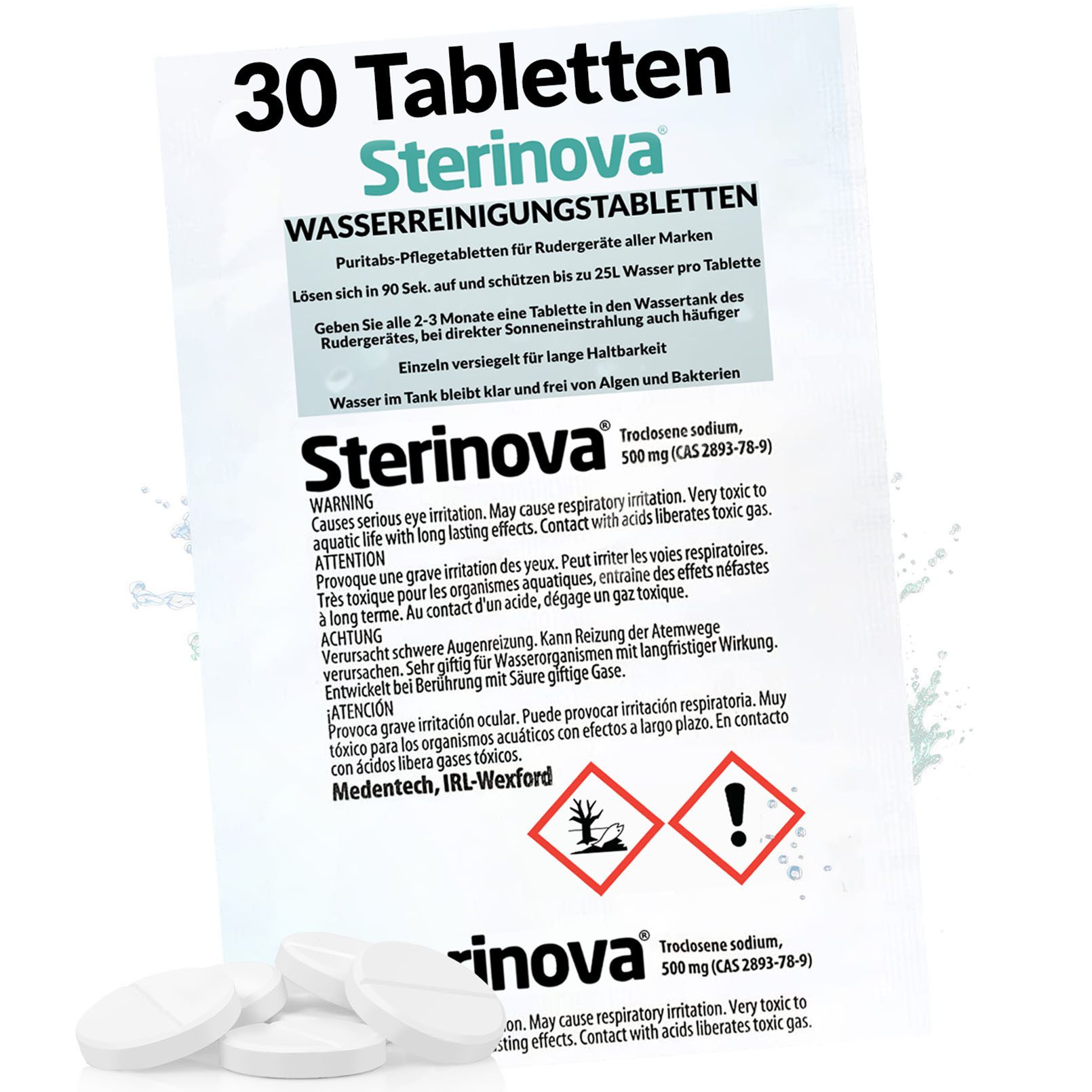 JB White Chlortabletten JB White Puritabs Sterinova 30x Rudergerät Wasser Tabletten je 25L, (Spar-Set, 5x 6 Tabletten), für Waterrower, tötet Bakterien und Algen, entkeimt Trinkwasser