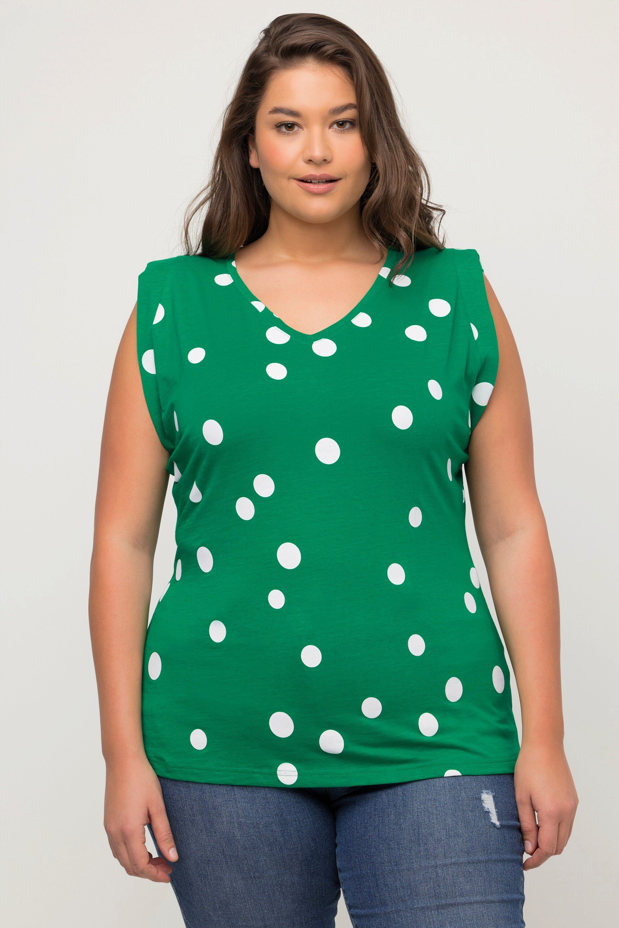 Ulla Popken Rundhalsshirt T-Shirt Punkte Schulterpolster V-Ausschnitt smaragdgrün