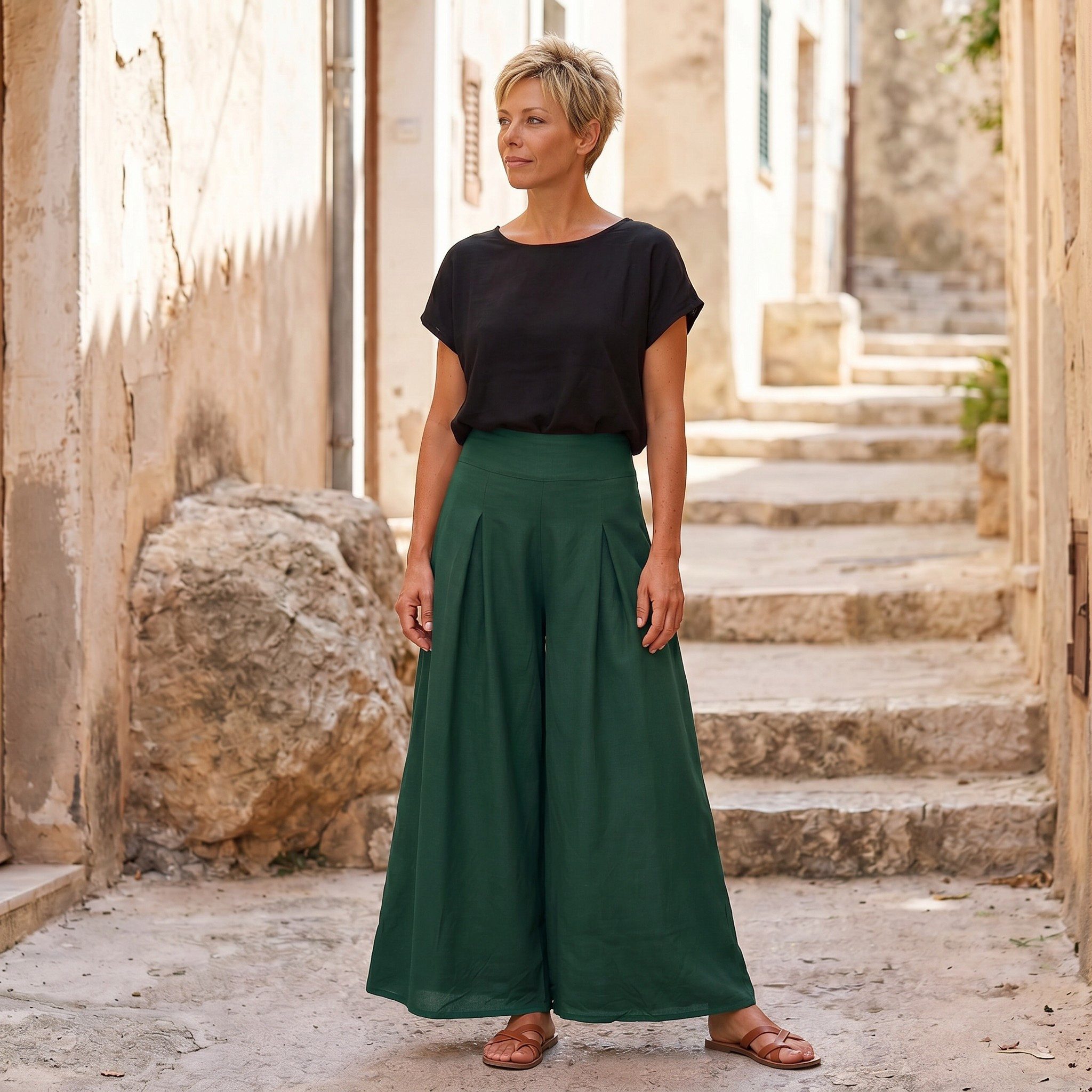 Guru-Shop Relaxhose Boho Hosenrock, weite Sommerhose - tannengrün Ethno Style, alternative Bekleidung
