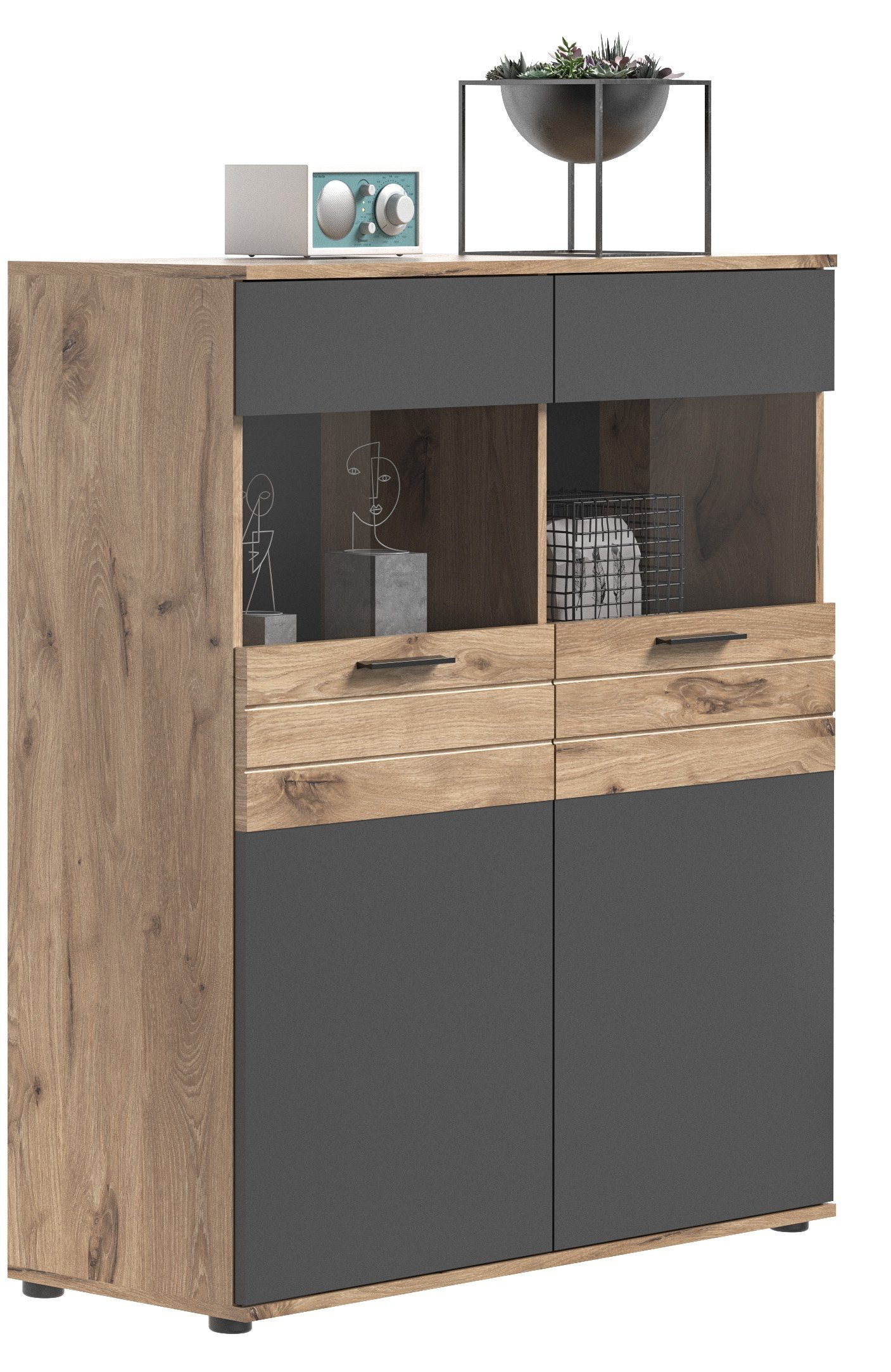 Newroom Vitrine Stanley Vitrine Eiche Basalt Grau Industrial Vitrinenschrank Glasvitrine Wo...