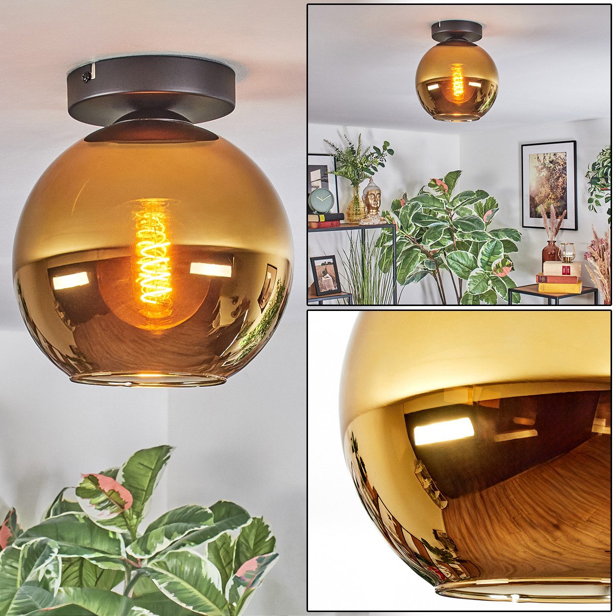 hofstein Deckenleuchte Deckenlampe aus Metall/Glas in Schwarz/Goldfarben, ohne Leuchtmittel, Deckenleuchte im modernen Vintage-Design (Schirm Ø 20 cm), E27