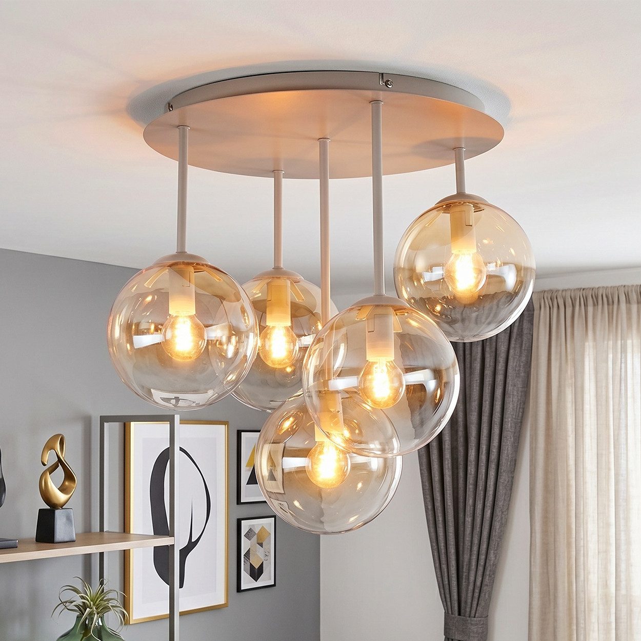 hofstein Deckenleuchte Deckenlampe aus Metall/Glas in Sandfarben/Weiß/Bernsteinfarben/Klar, moderne Deckenleuchte im Retro/Vintage-Design, 5 x E14