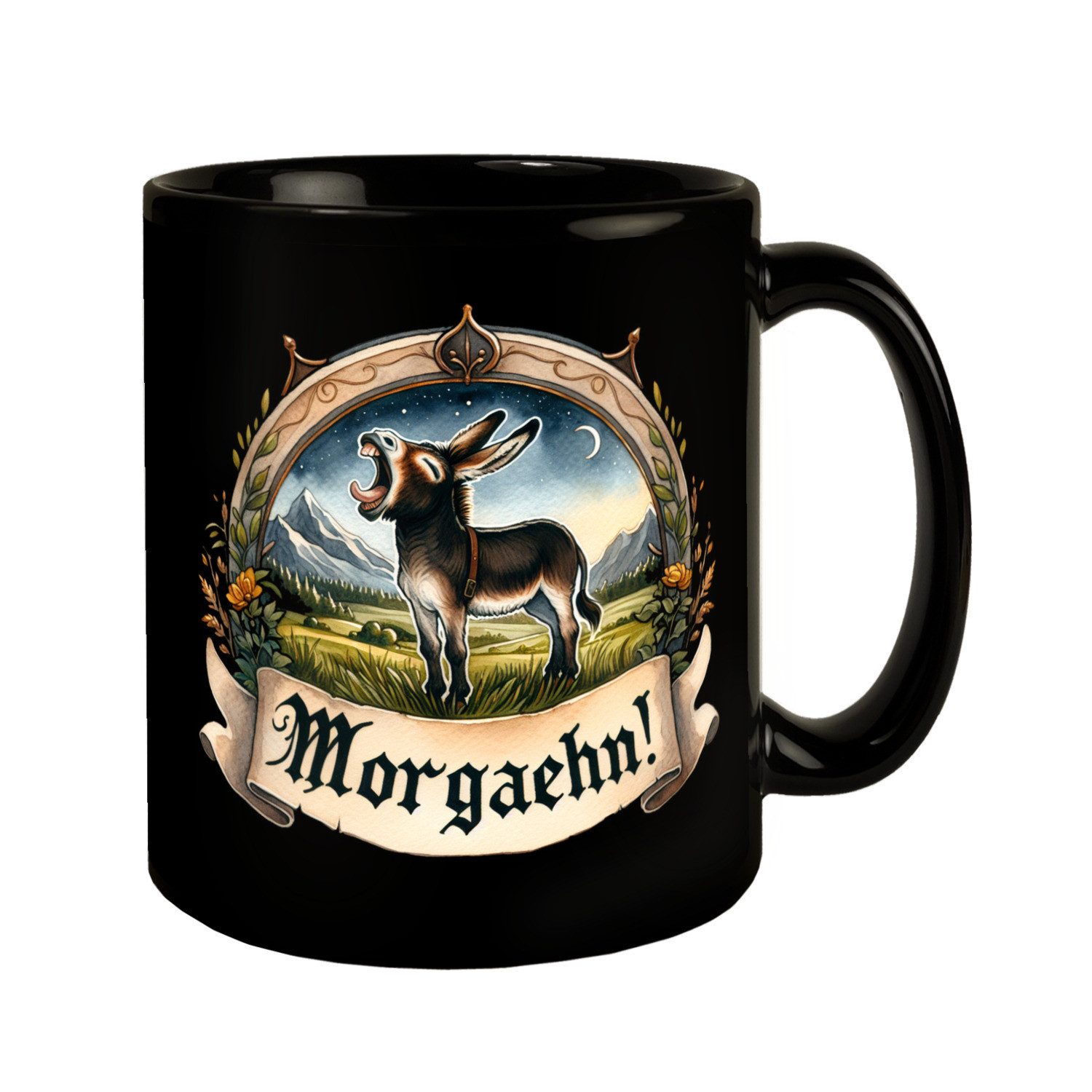 Tasse Müder Esel auf der Wiese Tasse in Schwarz mit Spruch Morgaehn!