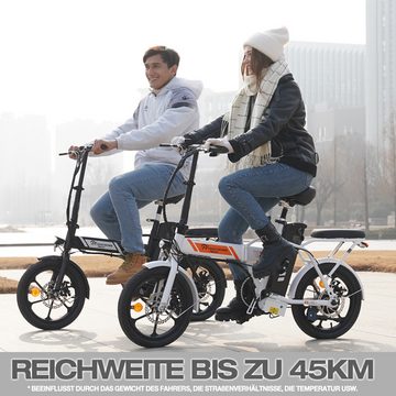 EVERCROSS TECH E-Bike 16-Zoll faltbares Elektrofahrrad kompakt für die Höhe 150-185CM, 1 Gang, 250W Heckmotor, Reichweite bis zu 45KM,mit Stoßdämpfender Sitz, klappbare Pedale