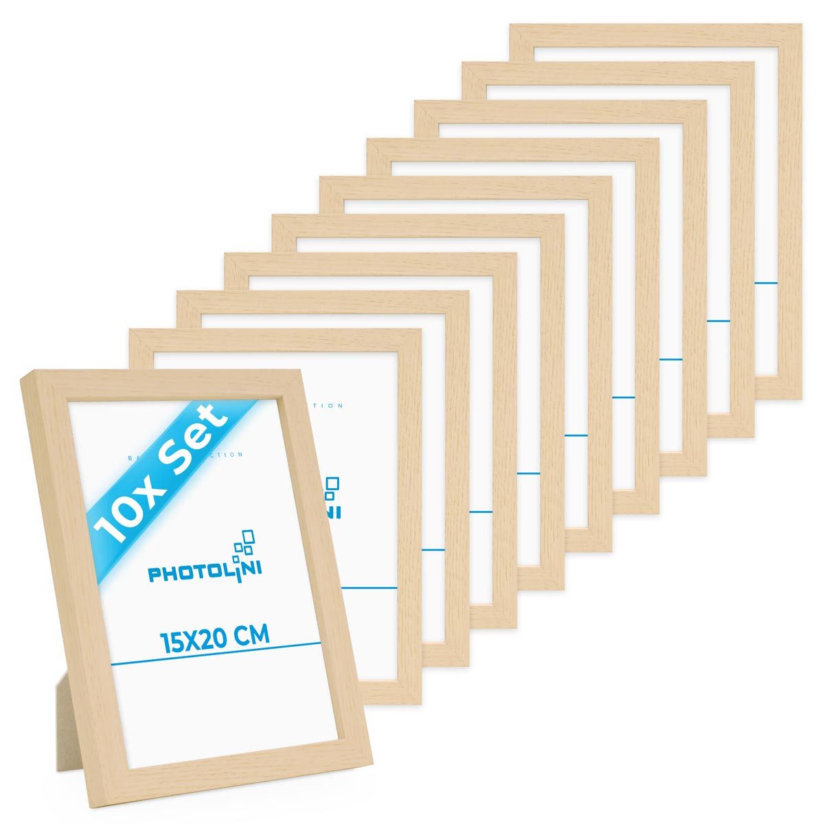 PHOTOLINI Bilderrahmen 10er Set modern mit bruchsicherem Acrylglas, Holz MDF, Fotos & Poster, für 10 Bilder (10er Set), Posterrahmen 15x20 cm Natur zum Aufhängen & Aufstellen