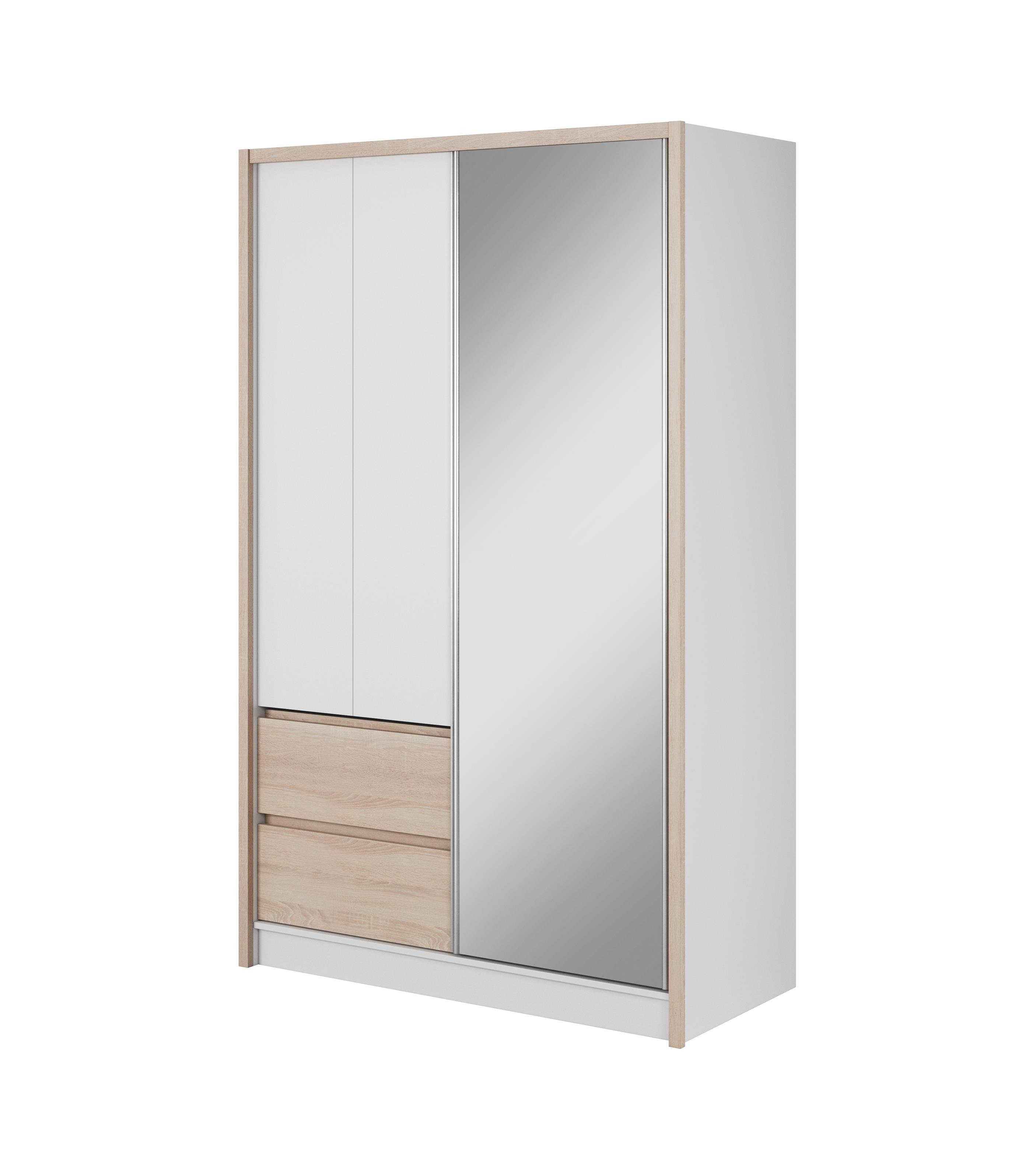 Kleiderschrank mit TINA Schubladen, Weiß sonoma Garderobe Spiegel, mit Schwebetürenschrank + Compleo Kleiderschrank