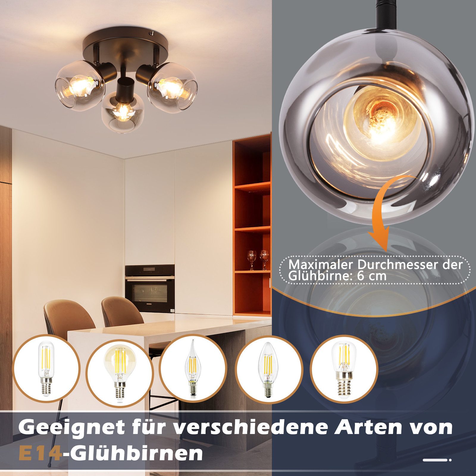Nettlife Deckenstrahler Modern Rauchgrau Glas 3 Flammig Deckenspots E14 Sch günstig online kaufen