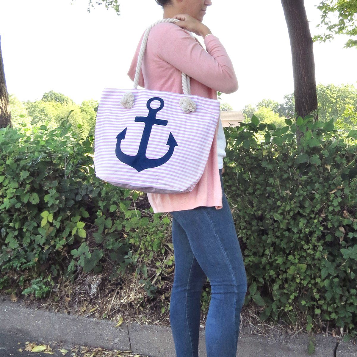 mit Originelli Strandtasche Shopper Umhängetasche Ankermotiv Maritim Streifen Sonia Beachbag rot-marine