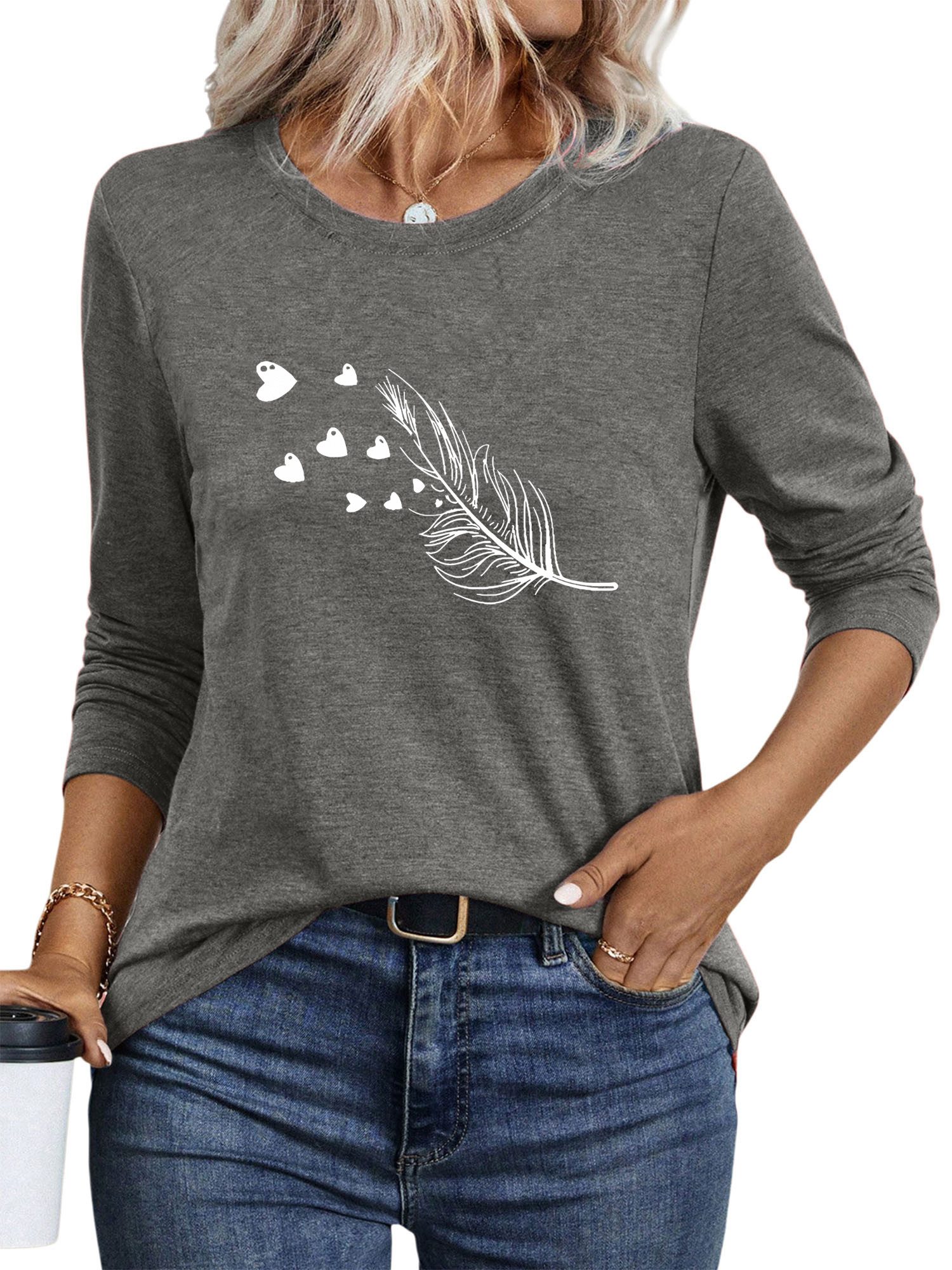 PYLIKE Langarmshirt Damen Rundhalsausschnitt Longsleeve mit Feder Print-Shi günstig online kaufen