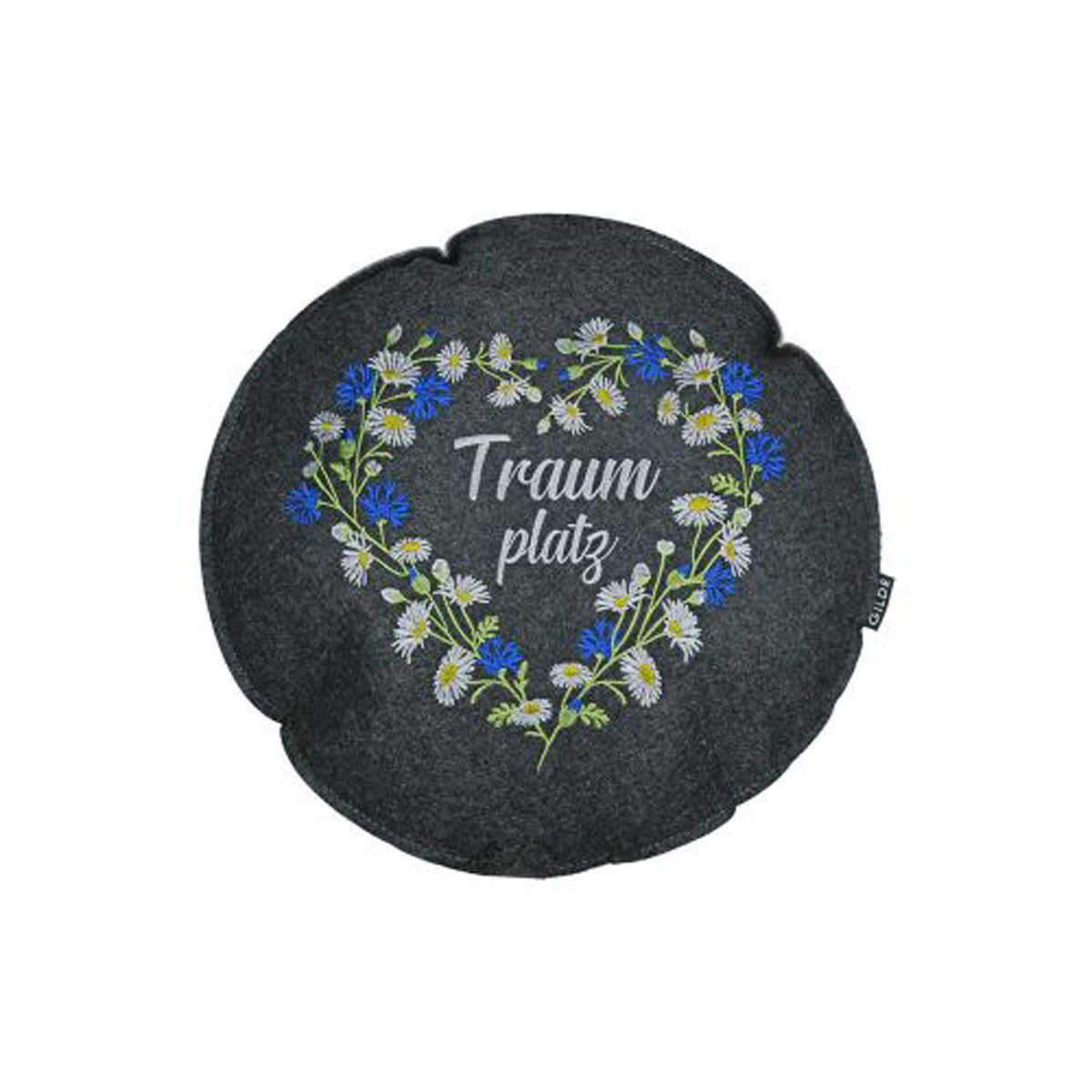 GILDE Декоративные подушки Filzkissen Wildblumen rund grau mit Spruch bestickt Ø 40 cm