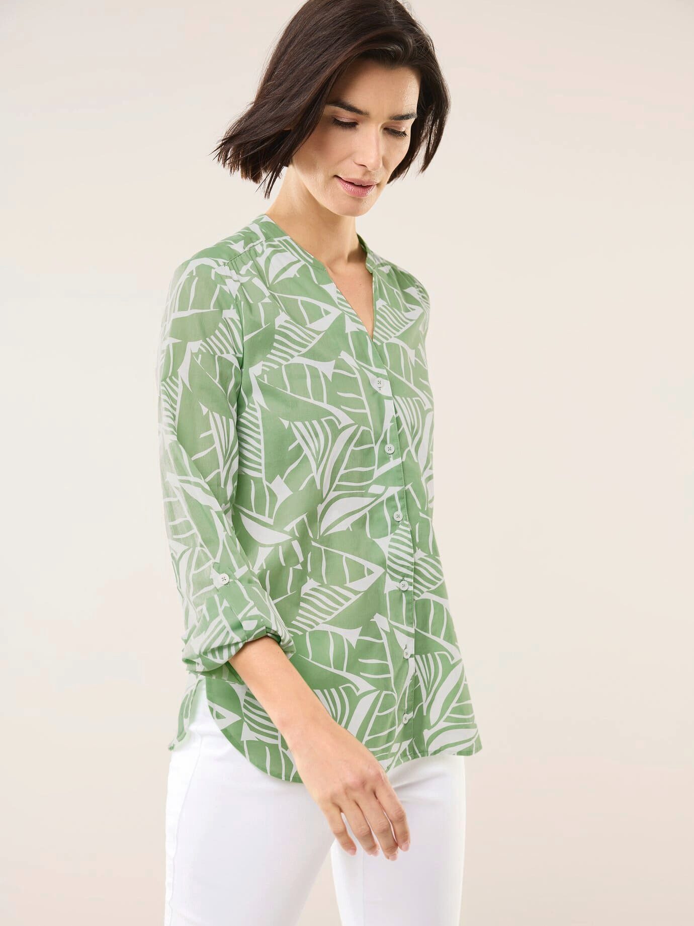 Walbusch Langarmbluse Damen Baumwollbluse V-Ausschnitt Langarm Regular Fit Leichter Voile-Sommerbluse, atmungsaktiv, Krempelärmel, pflegeleicht