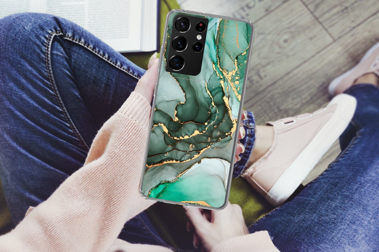 MuchoWow Handyhülle für Samsung Galaxy S21 Ultra Gold - Marmor - Grün - Luxus - Marmoropti, Phone Case, Silikon, Schutzhülle Dünn
