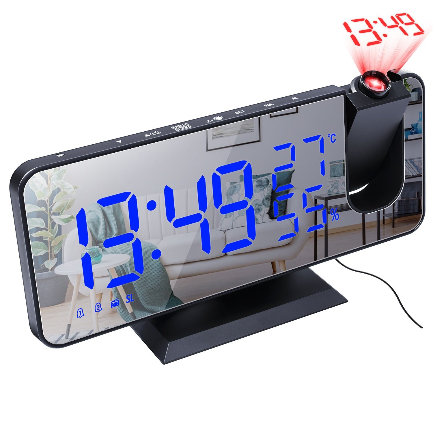 REDOM Projektionswecker Ziffer Schwarz 12/24H Projektion Radio Wecker Farbe Akku Temperatur Alarm 180 Radiowecker ohne Schale Digital Blau USB-Anschluss ° Projektion LED Digitalwecker Dual-Alarm