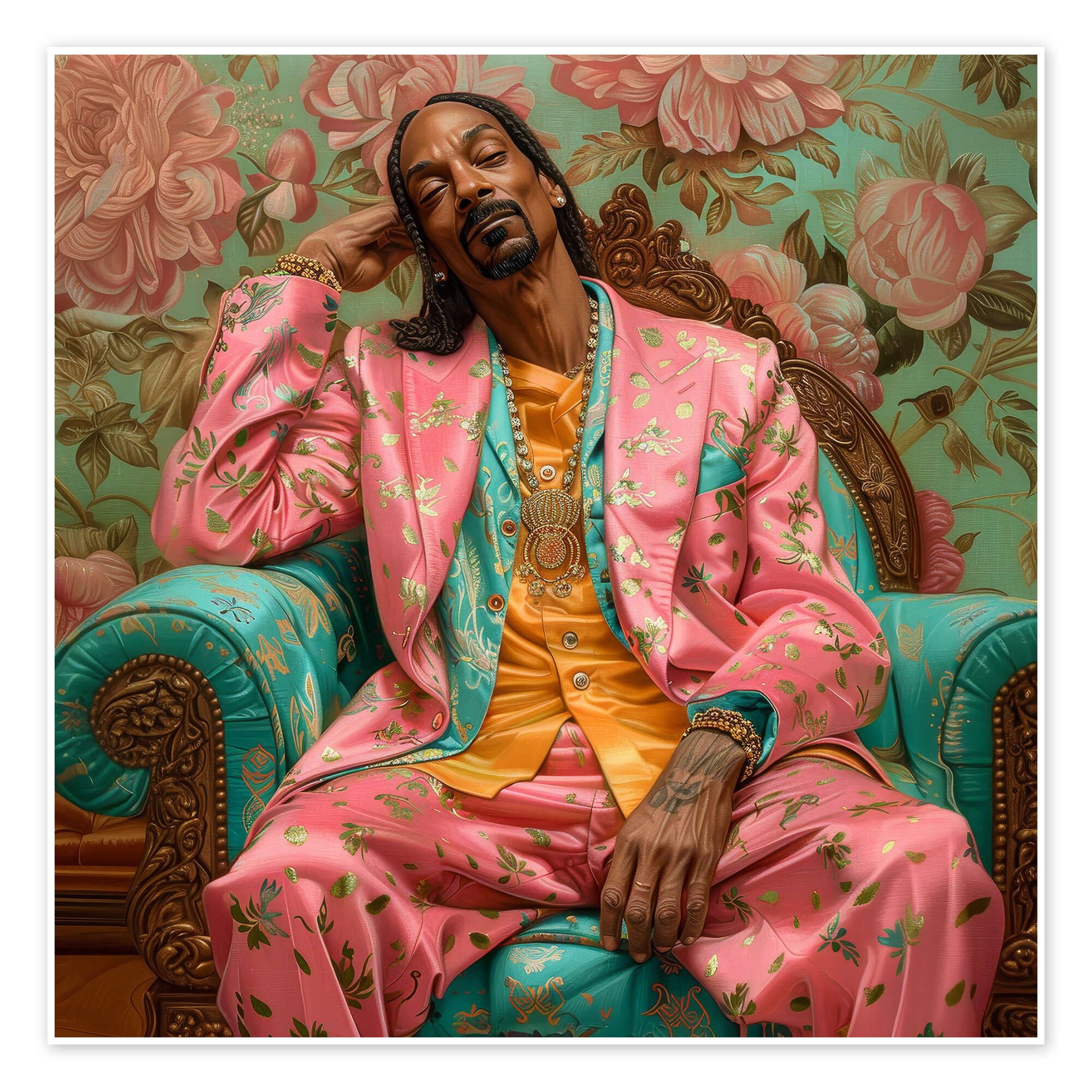 Posterlounge Wandbild Snoop Dogg auf einem Retro-Sofa, DejaReve, erhältlich als Poster, Leinwandbild, Wandsticker oder Acrylglasbild